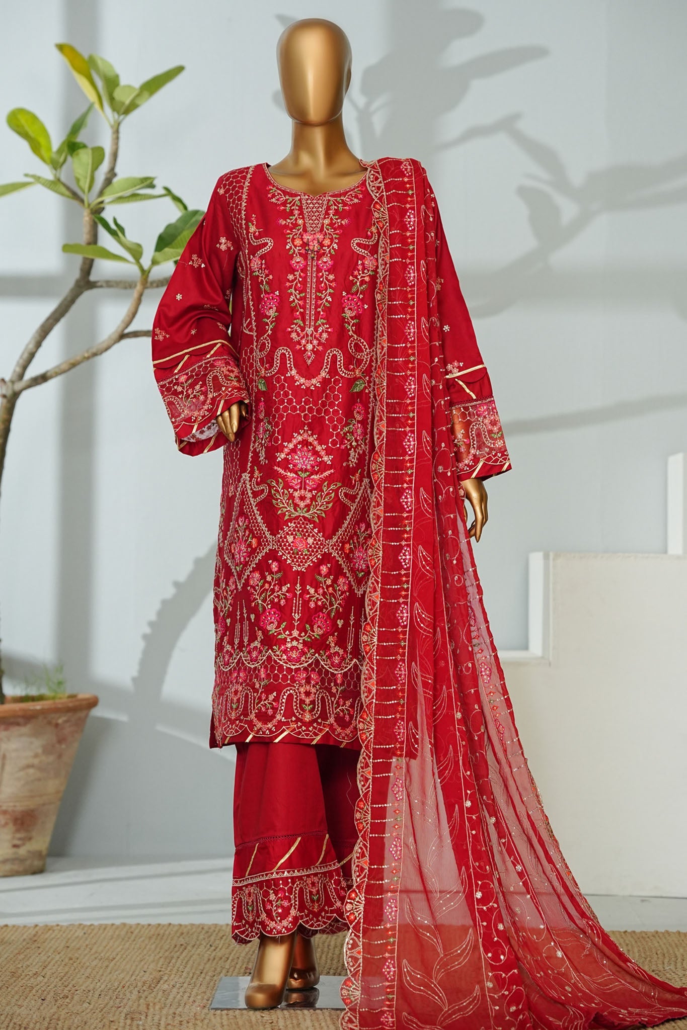 Bin Saeed Stitched 3 Piece Luxury Emb Lawn Suit-D-2704 RED
