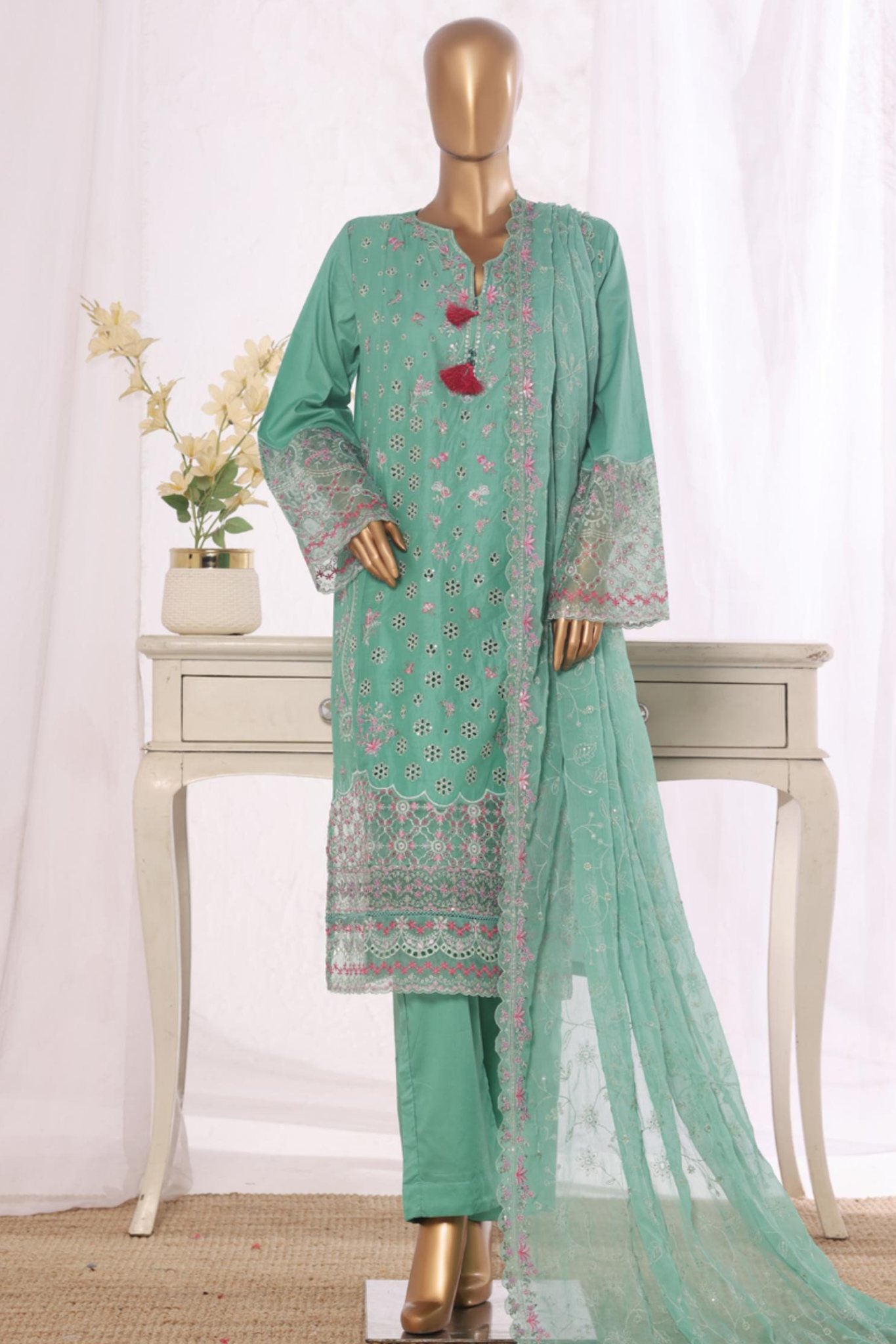 Bin Saeed Stitched 3 Piece Luxury Emb Lawn Suit-D-2714 GREEN