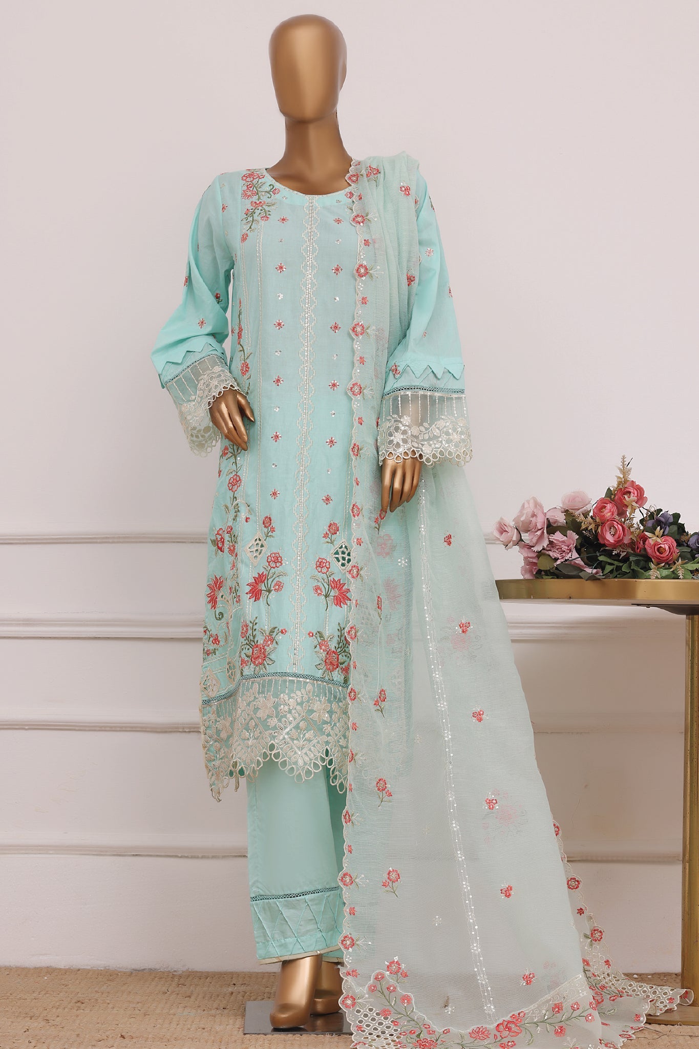 Bin Saeed Stitched 3 Piece Luxury Emb Lawn Vol-06 Suit-D-2844-Ferozi