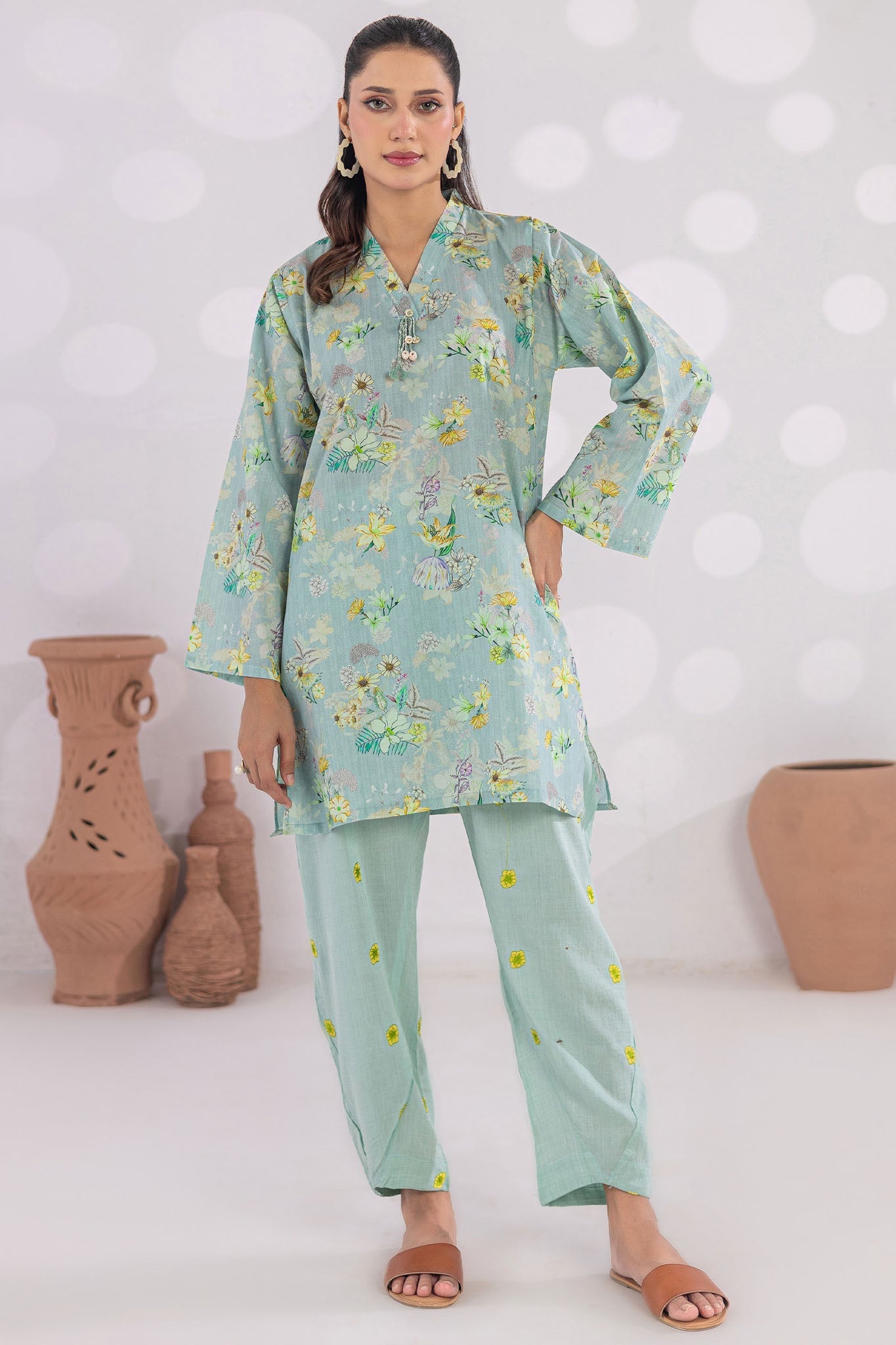 Basic Essentials By Dor Stitched Co Ords Digital Printed Cotton Suit-DBEC-04-Mint