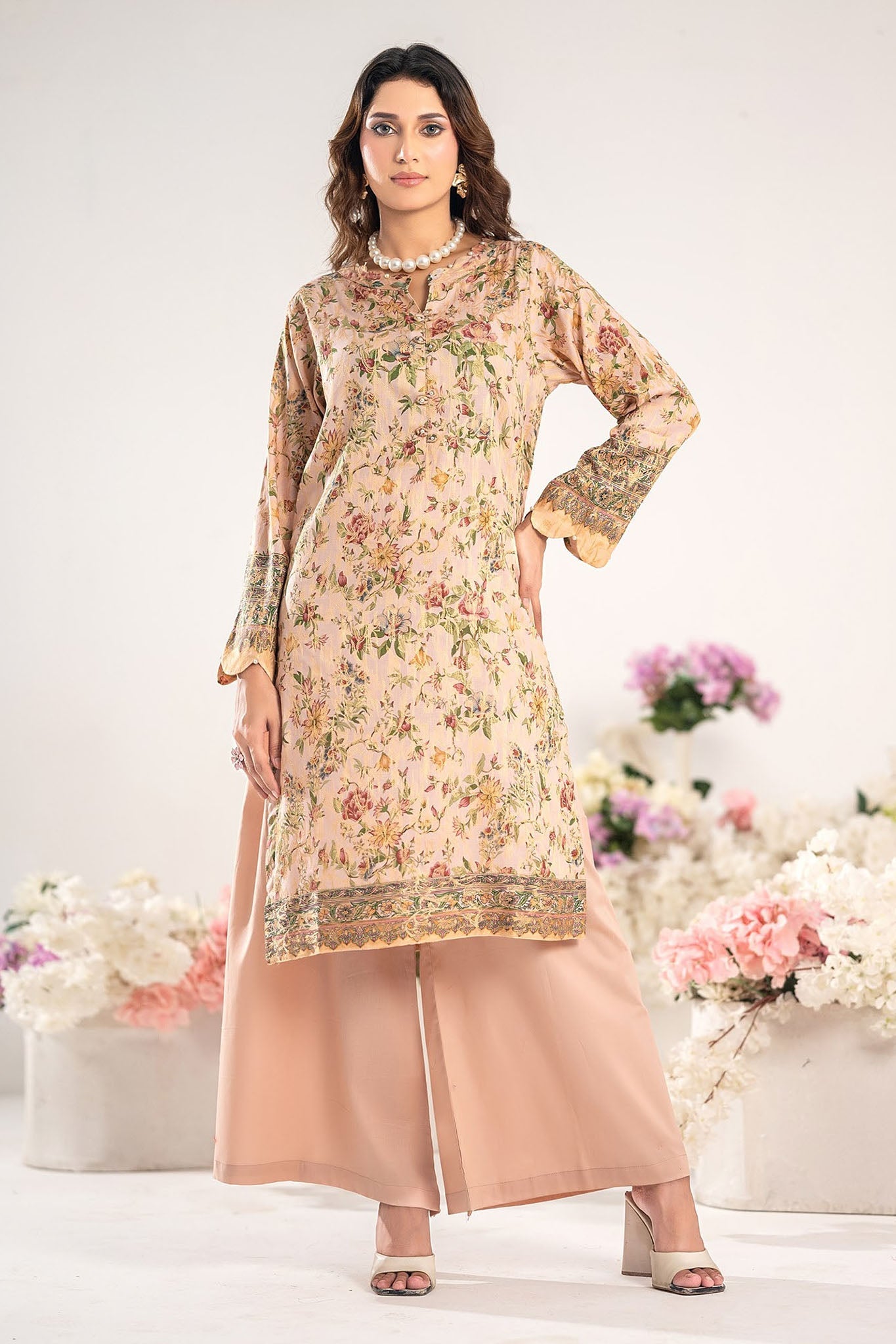 Odyssey By Dor Stitched Co Ords Printed Jacquard Chapter-01 Suit-DJOC-02-Peach