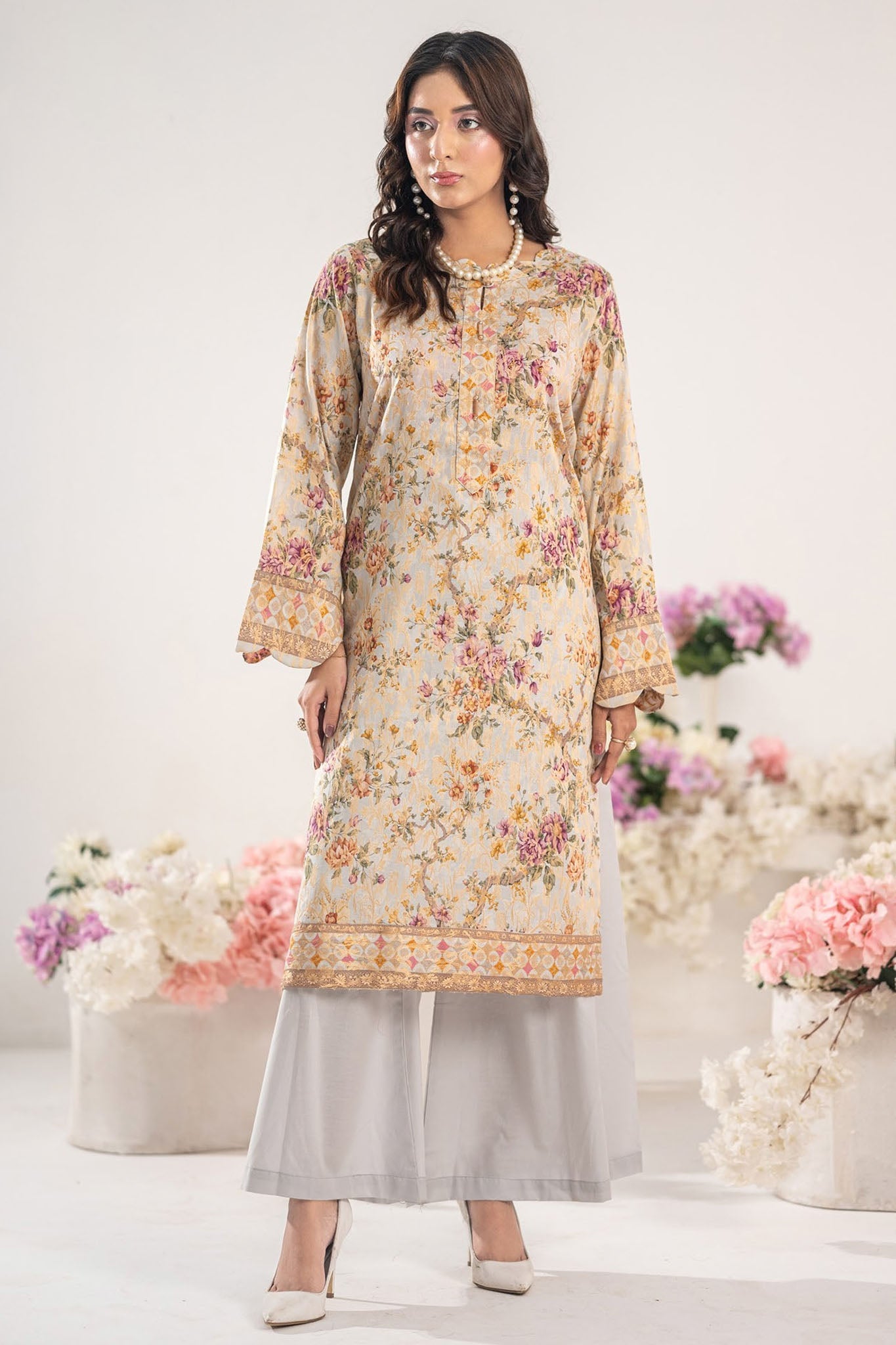 Odyssey By Dor Stitched Co Ords Printed Jacquard Chapter-01 Suit-DJOC-06-Cream