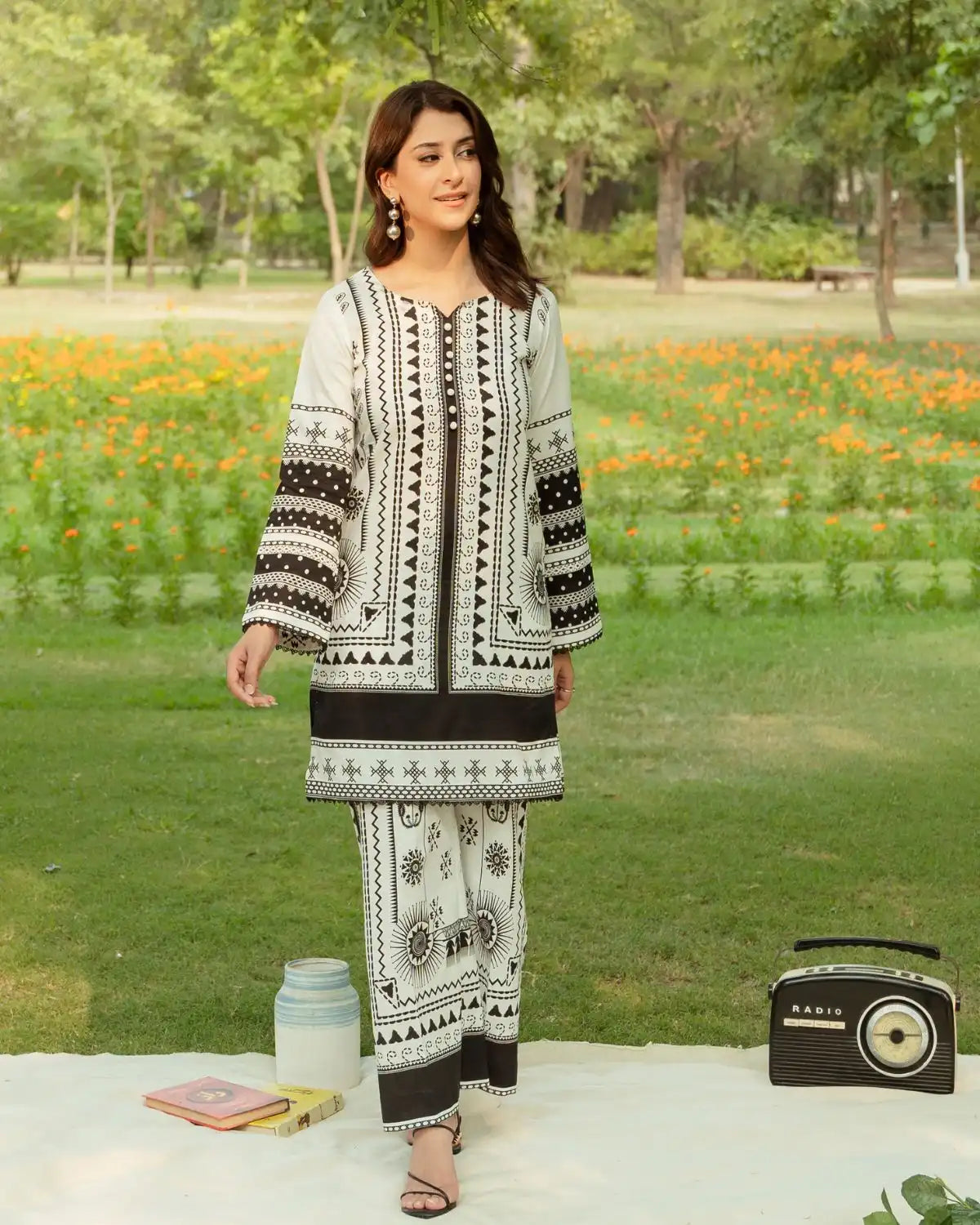 Gul Bahar By Inara Stitched 3 Piece Summer Suit-MONOCHROME TAILS DR-03