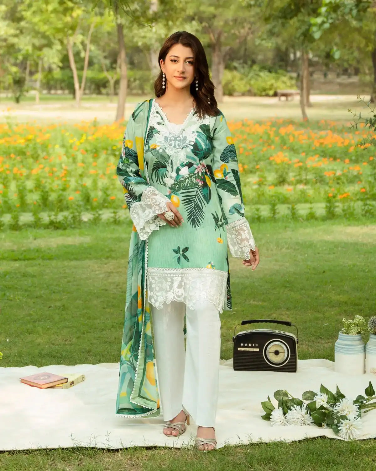 Gul Bahar By Inara Stitched 3 Piece Summer Suit-TROPICAL GARGEN DR-05