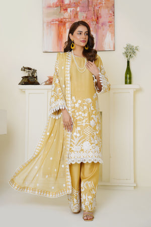 Threads & Weaves Sunshine Yellow Embroidered Viscose 3-Piece Suit