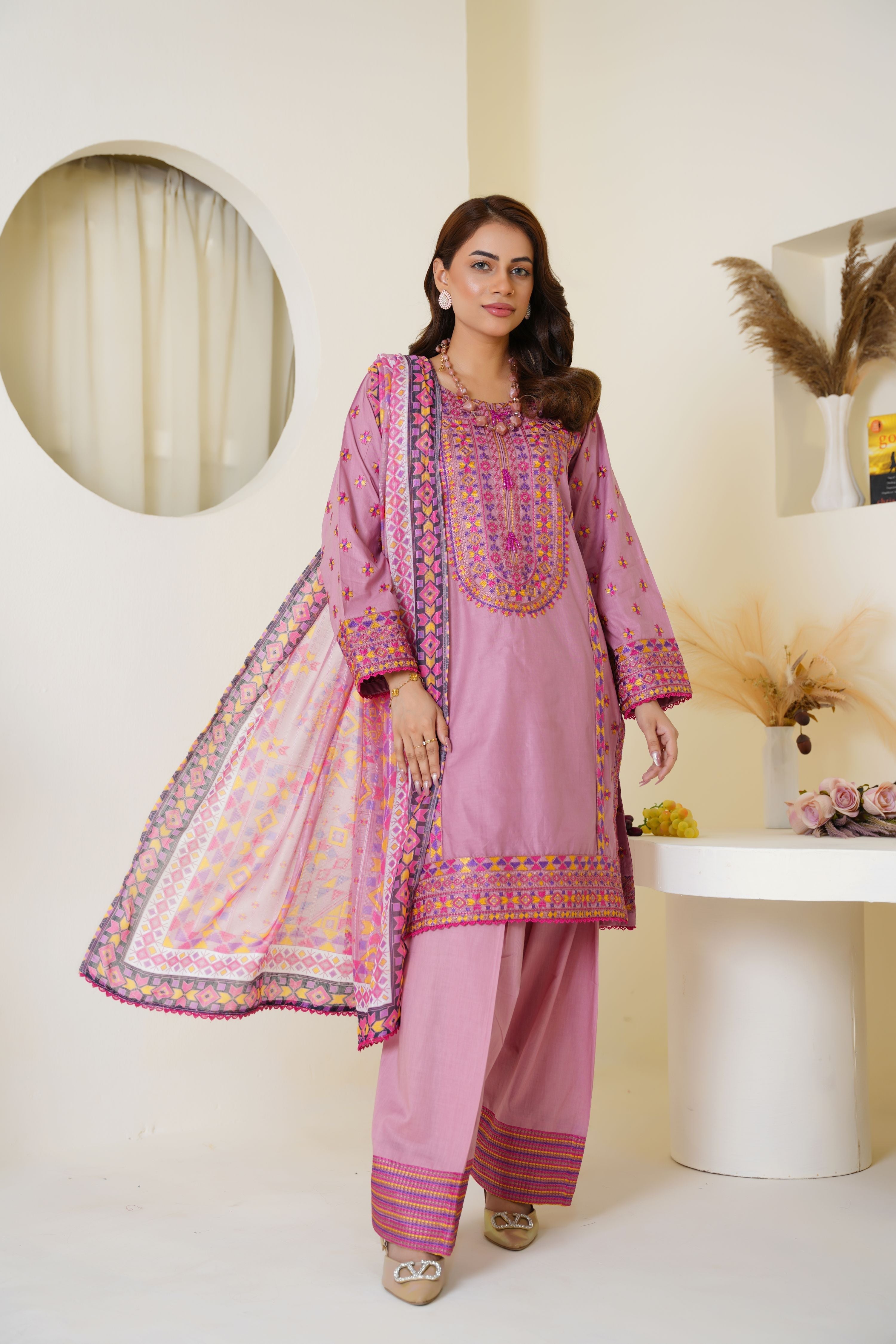 Threads & Weaves Mauve Pink Embroidered Viscose 3-Piece Suit