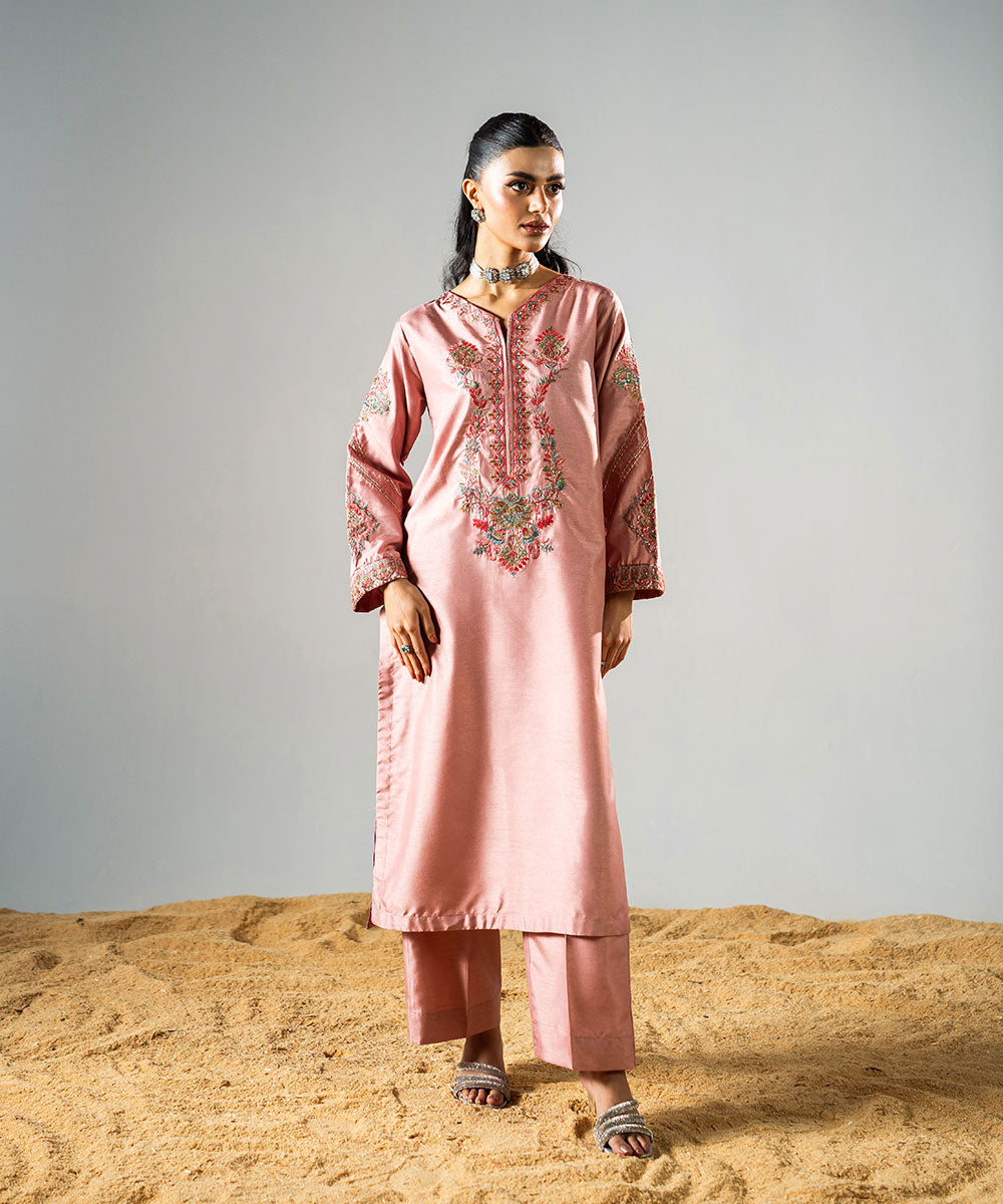 Zarqash By Kross Kulture Stitched 2PC - Raw Silk Suit Suit-0001767-XSM-PNK