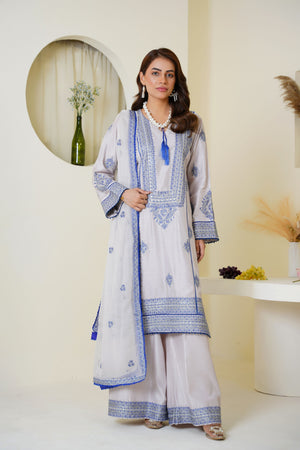 Threads & Weaves Icy Lavender & Blue Embroidered Viscose 3-Piece Suit
