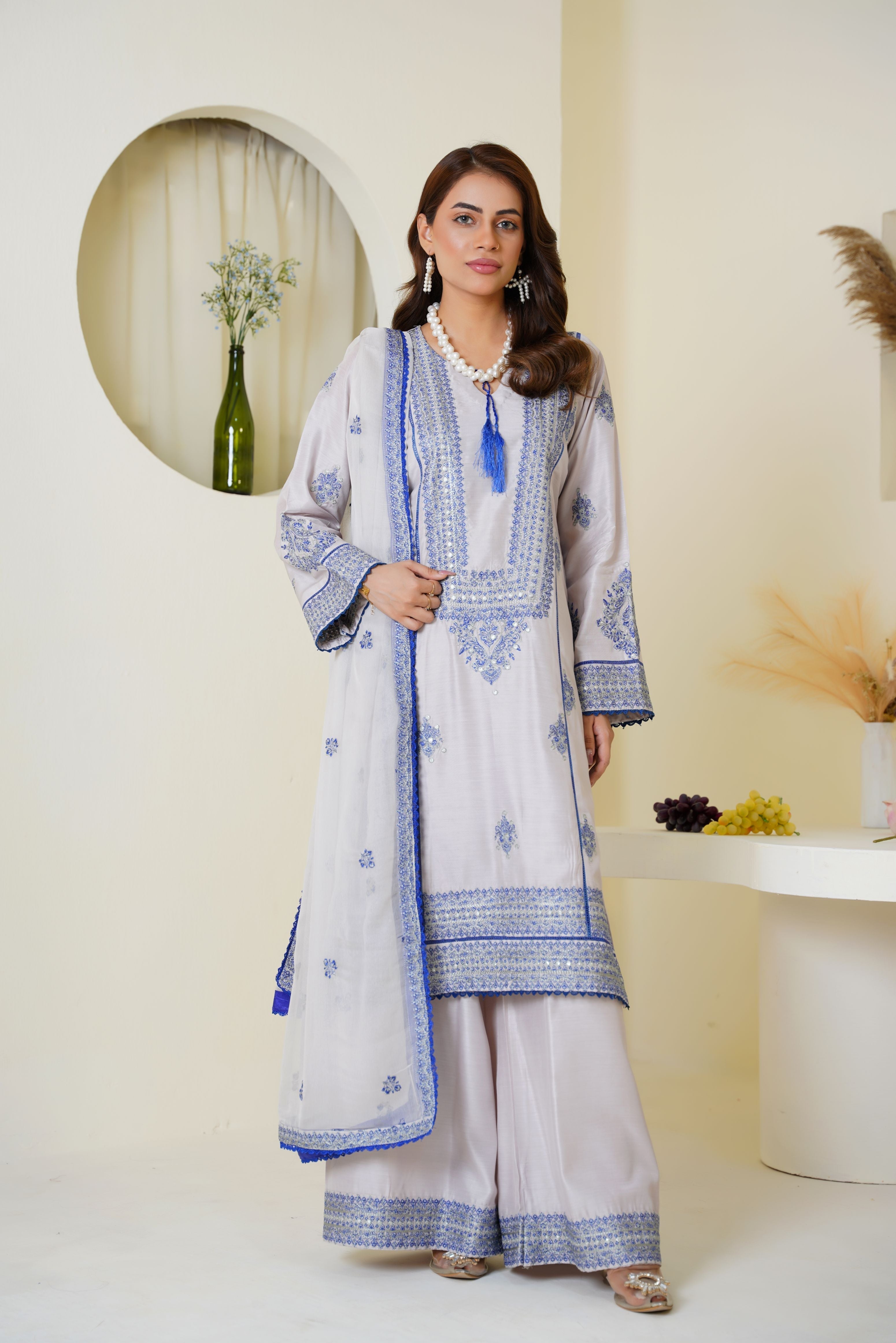 Threads & Weaves Icy Lavender & Blue Embroidered Viscose 3-Piece Suit