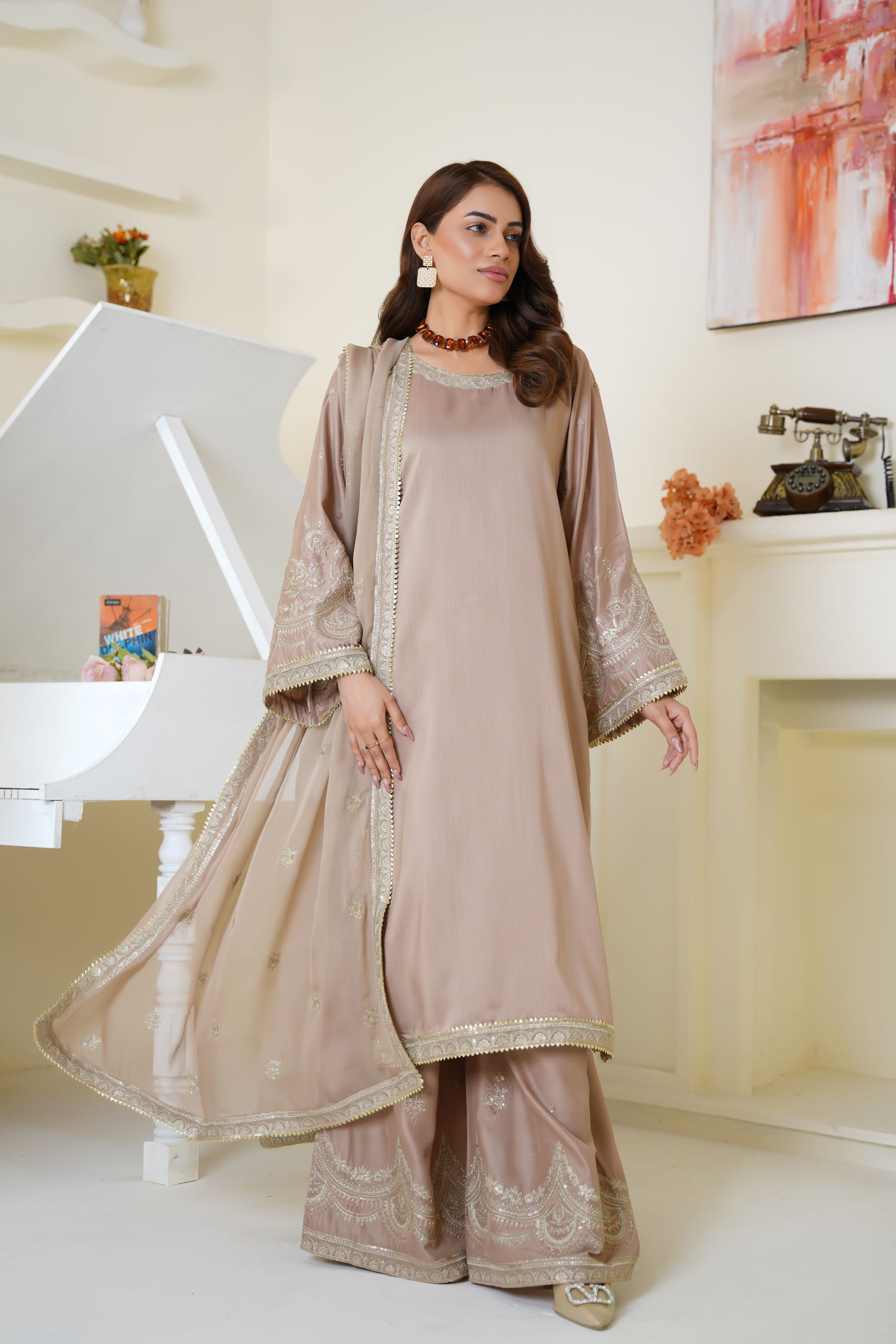 Threads & Weaves Champagne Beige Embroidered Viscose 3-Piece Suit