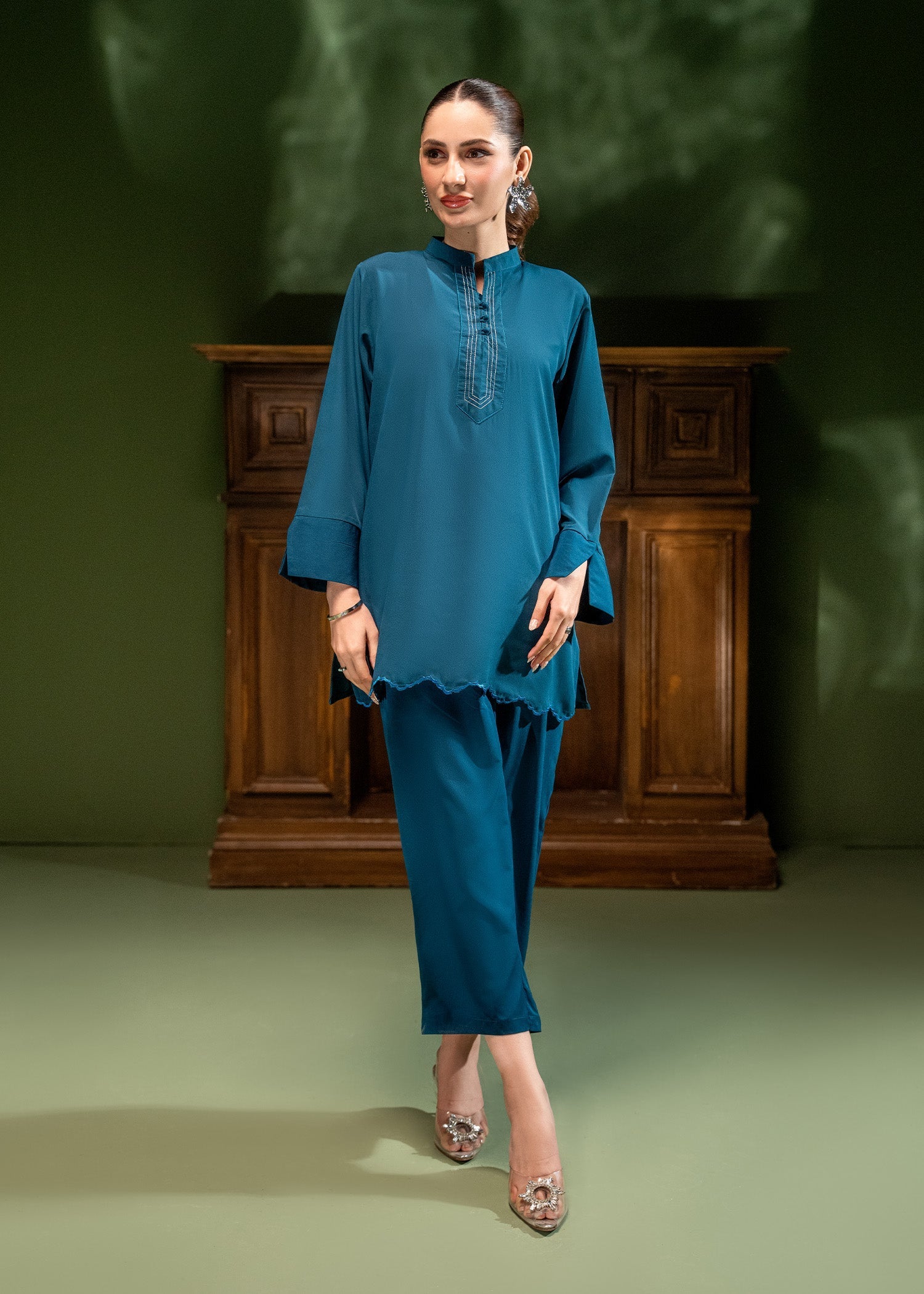 Nairah Co Ords Summer Solids Suit-Turquoise Dream