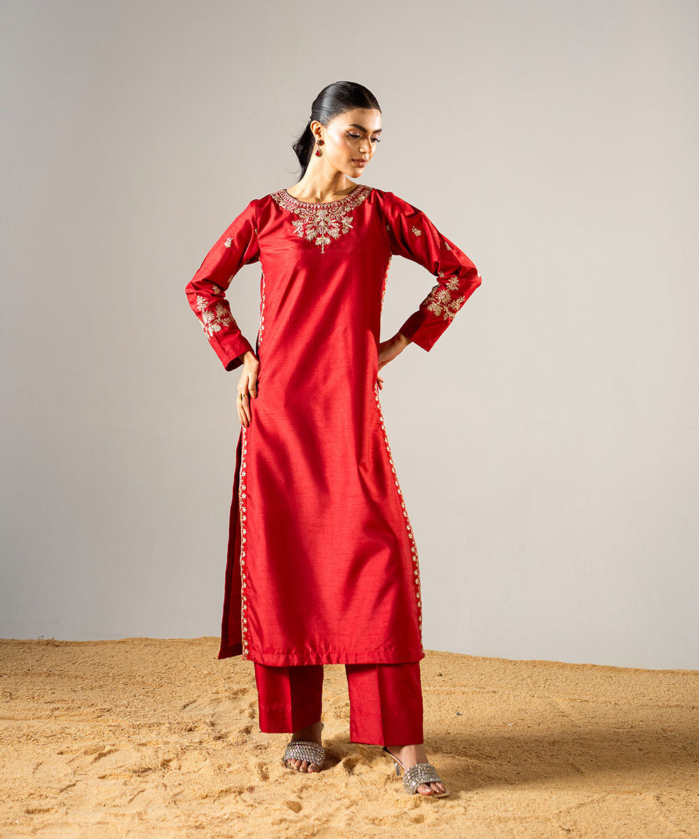 Zarqash By Kross Kulture Stitched 2PC - Raw Silk Suit Suit-0001873-XSM-RED