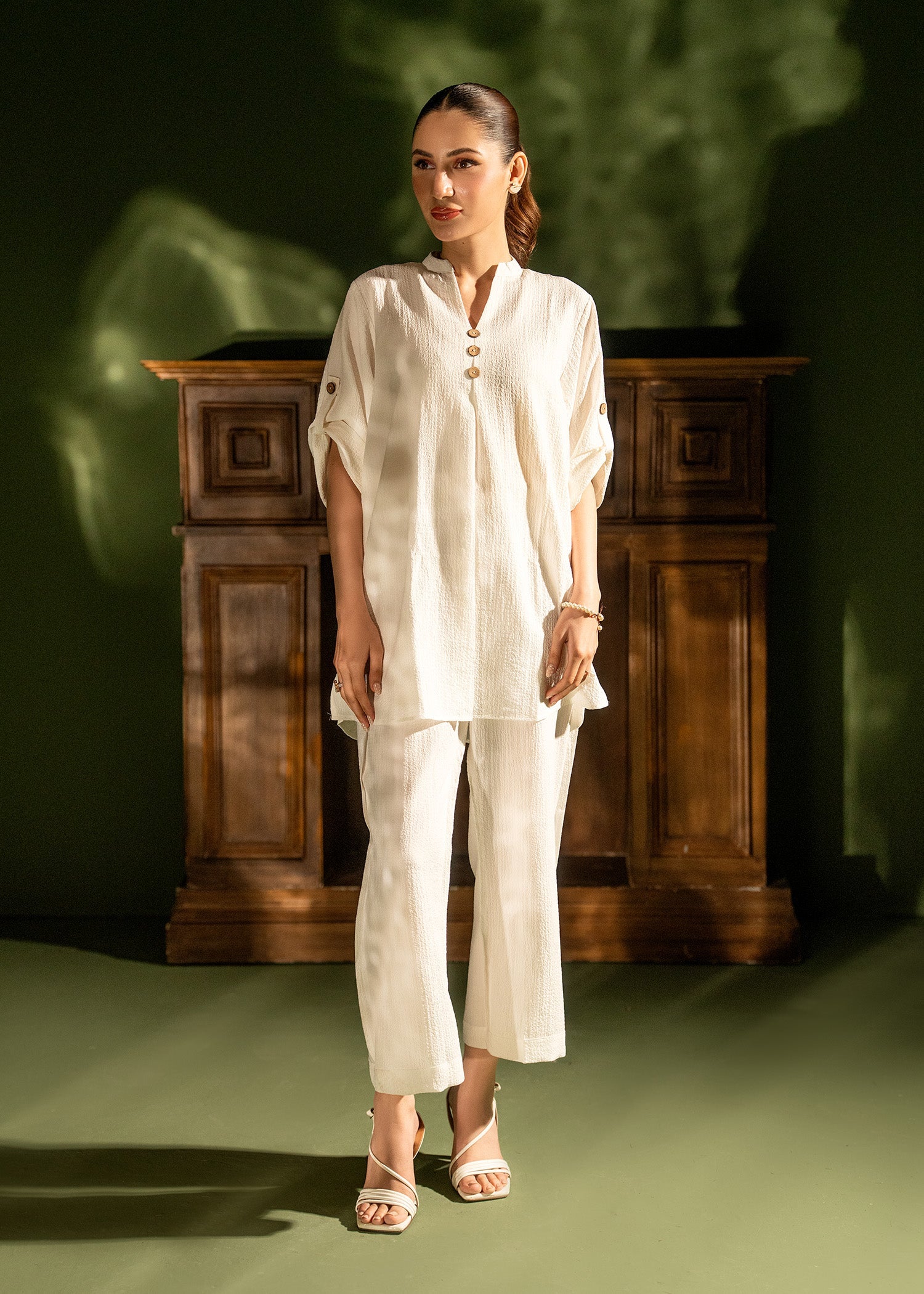 Nairah Co Ords Summer Solids Suit-Vanilla