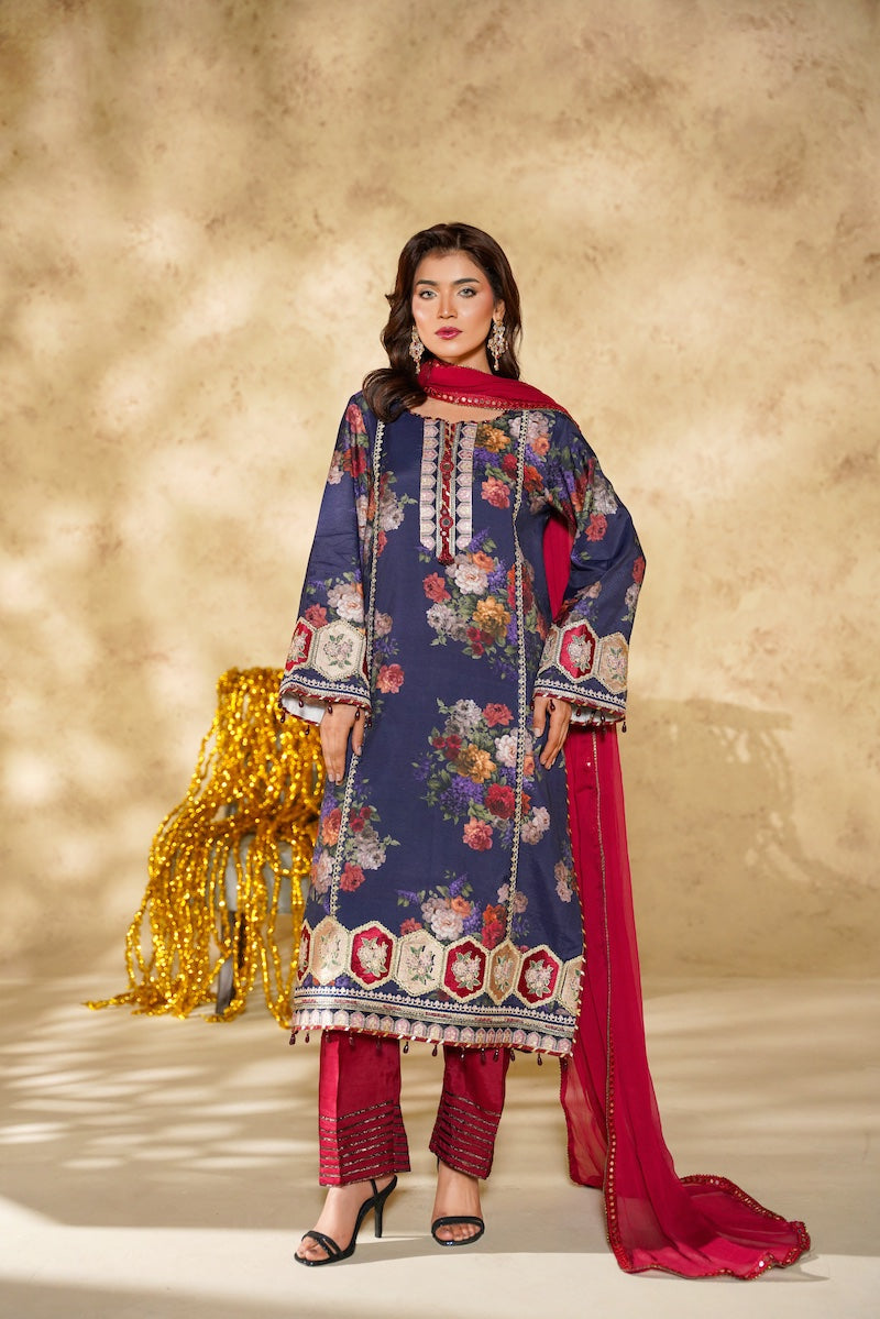 Arha Eman Stitched Winter Suit-Saaya - Dark Blue