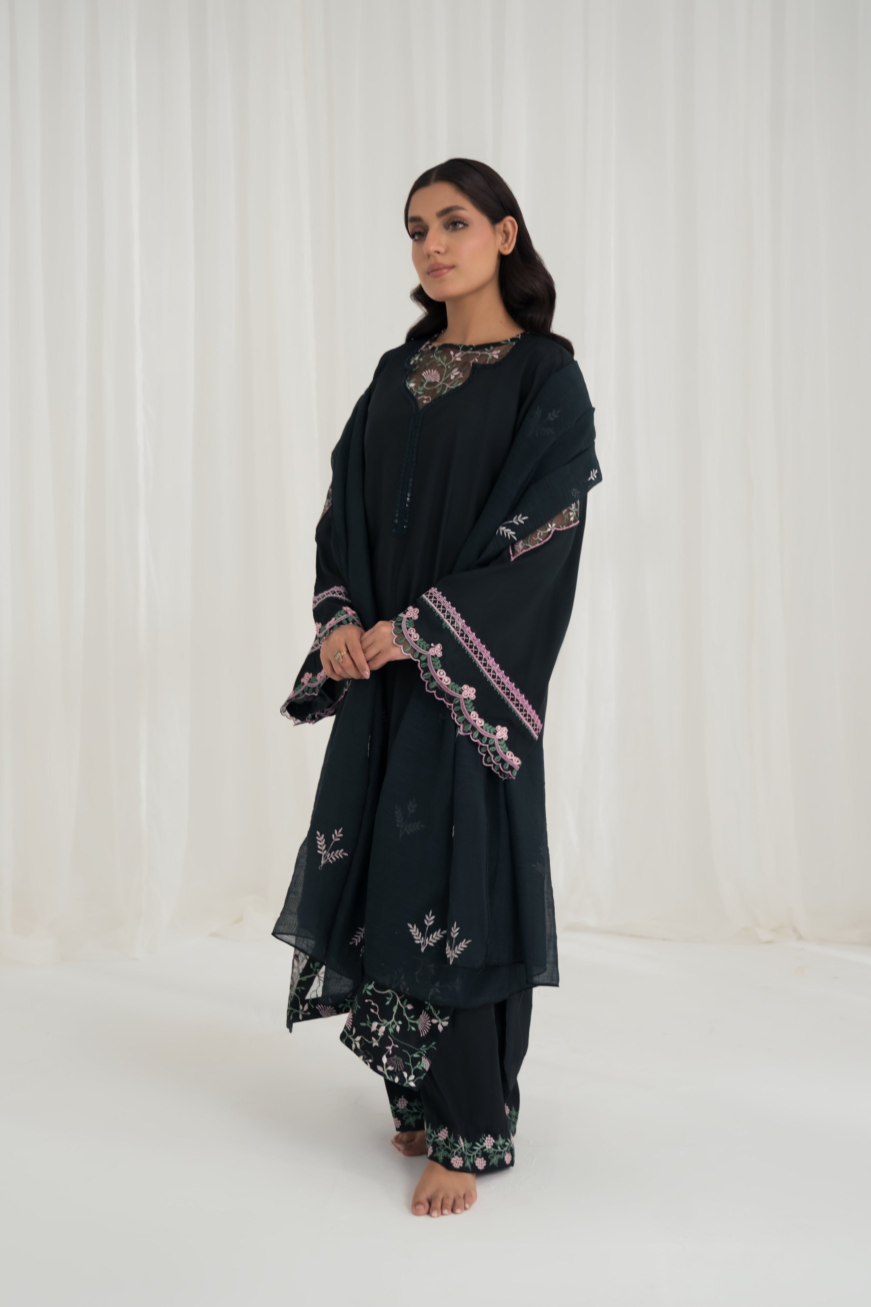 Charaghan By Qariney Stitched 3 Piece Winter Vol-02 Suit-Black