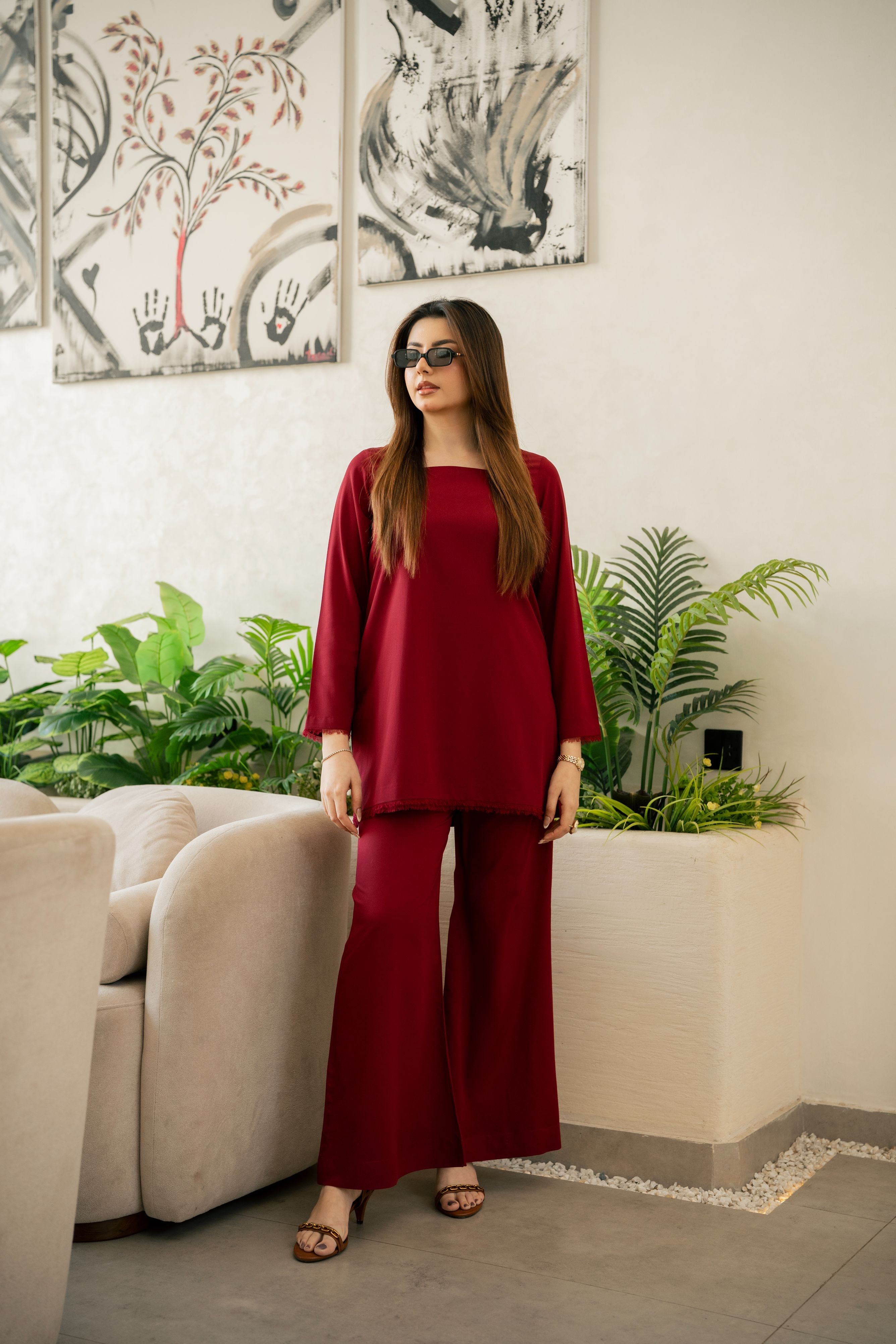 Zouj Stitched Co Ords Spring Solids Suit-Crimson Charm