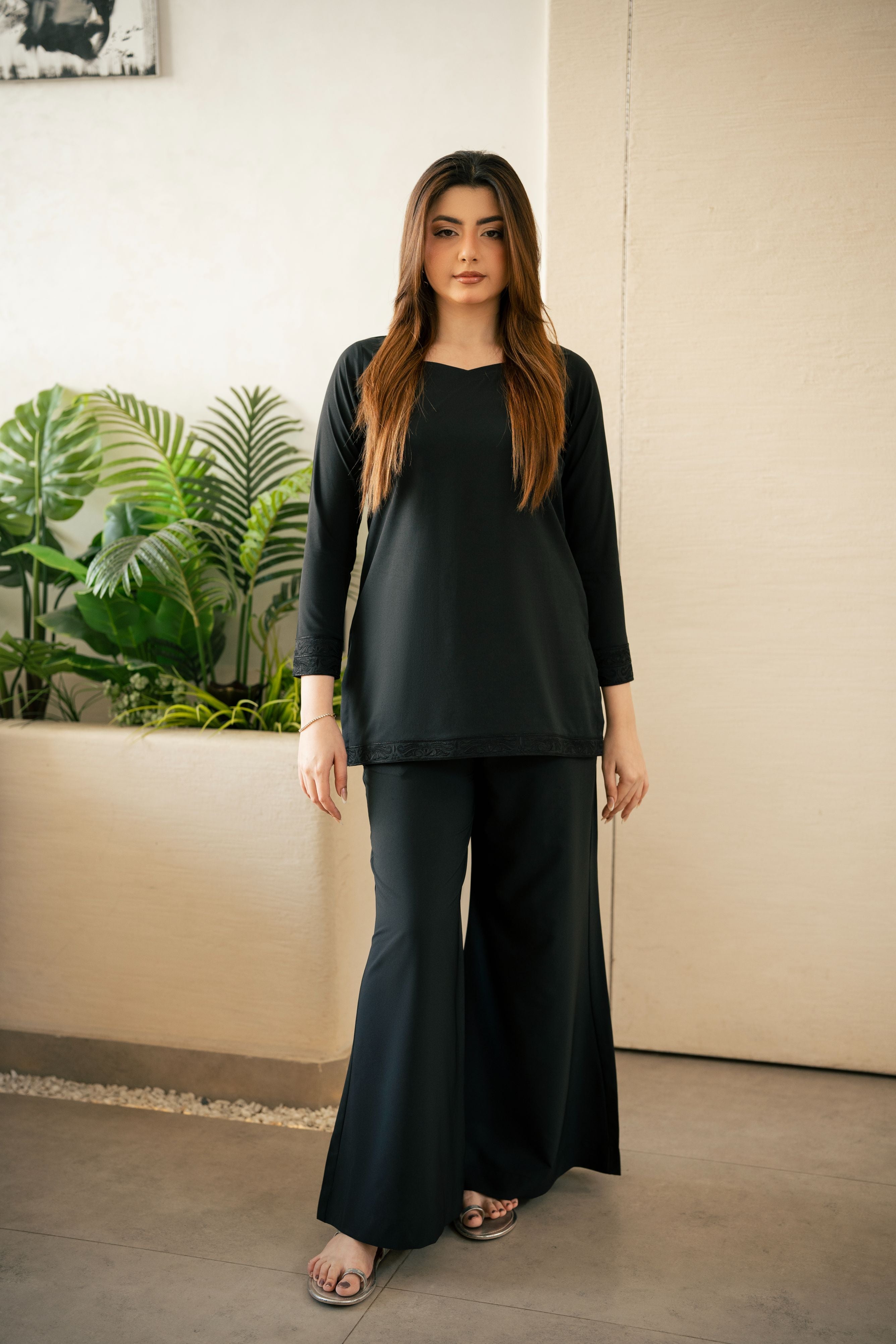 Zouj Stitched Co Ords Spring Solids Suit-Black Majesty