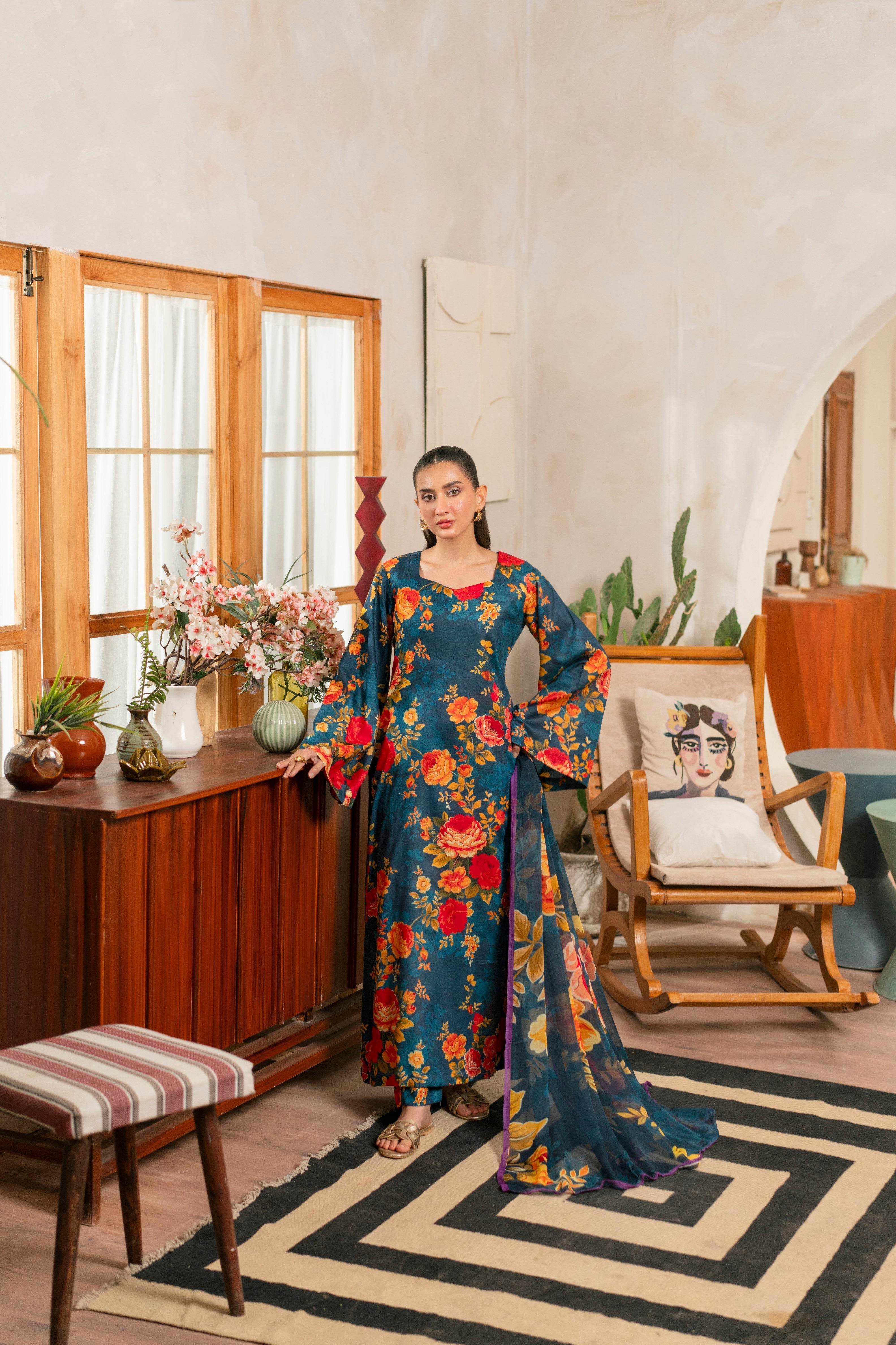 Feathers Unstitched 3 Piece Digital Printed Lawn Summer Suit-NELAM-FT465