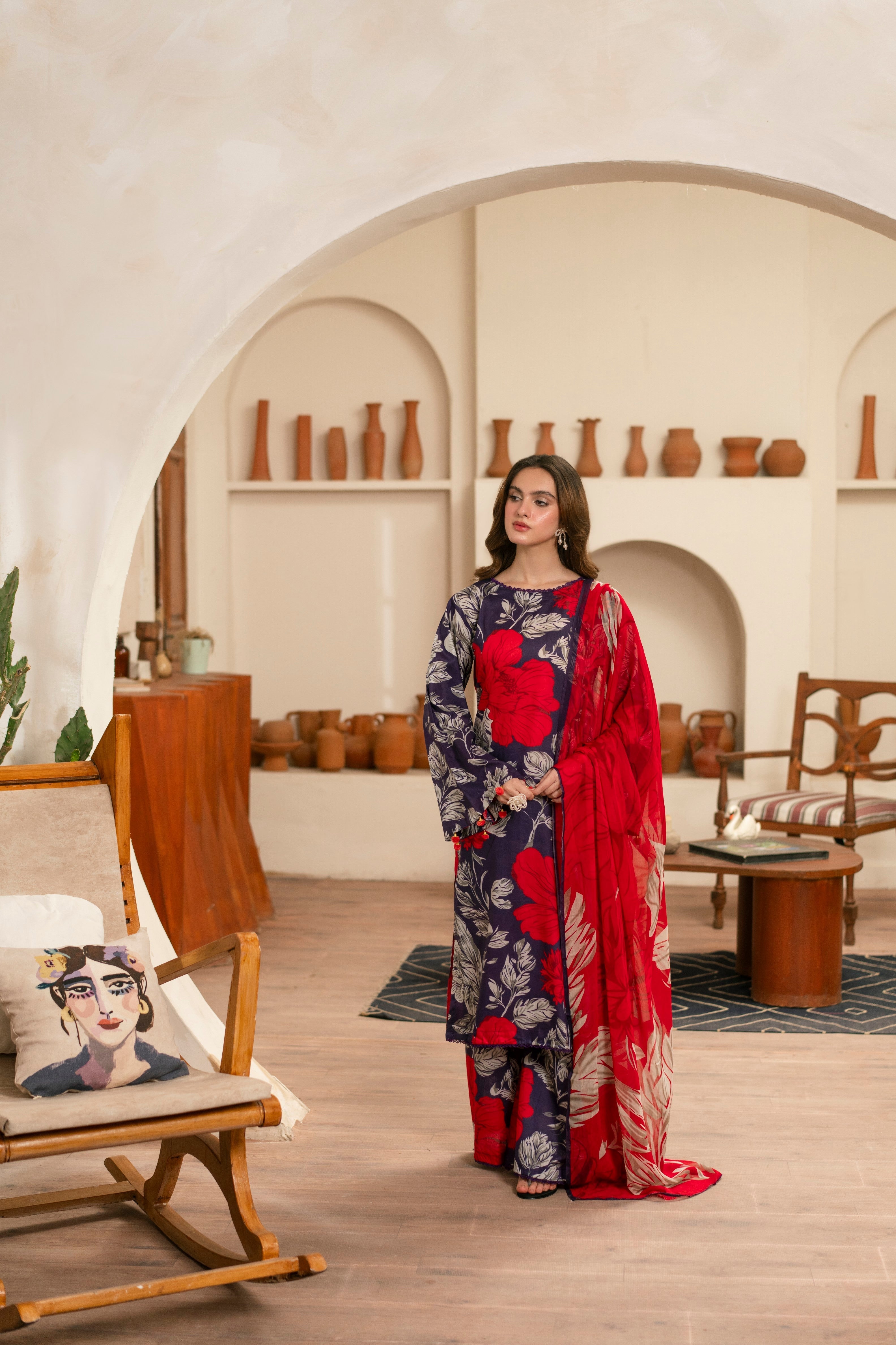 Feathers Unstitched 3 Piece Digital Printed Lawn Summer Suit-GARNET-FT452