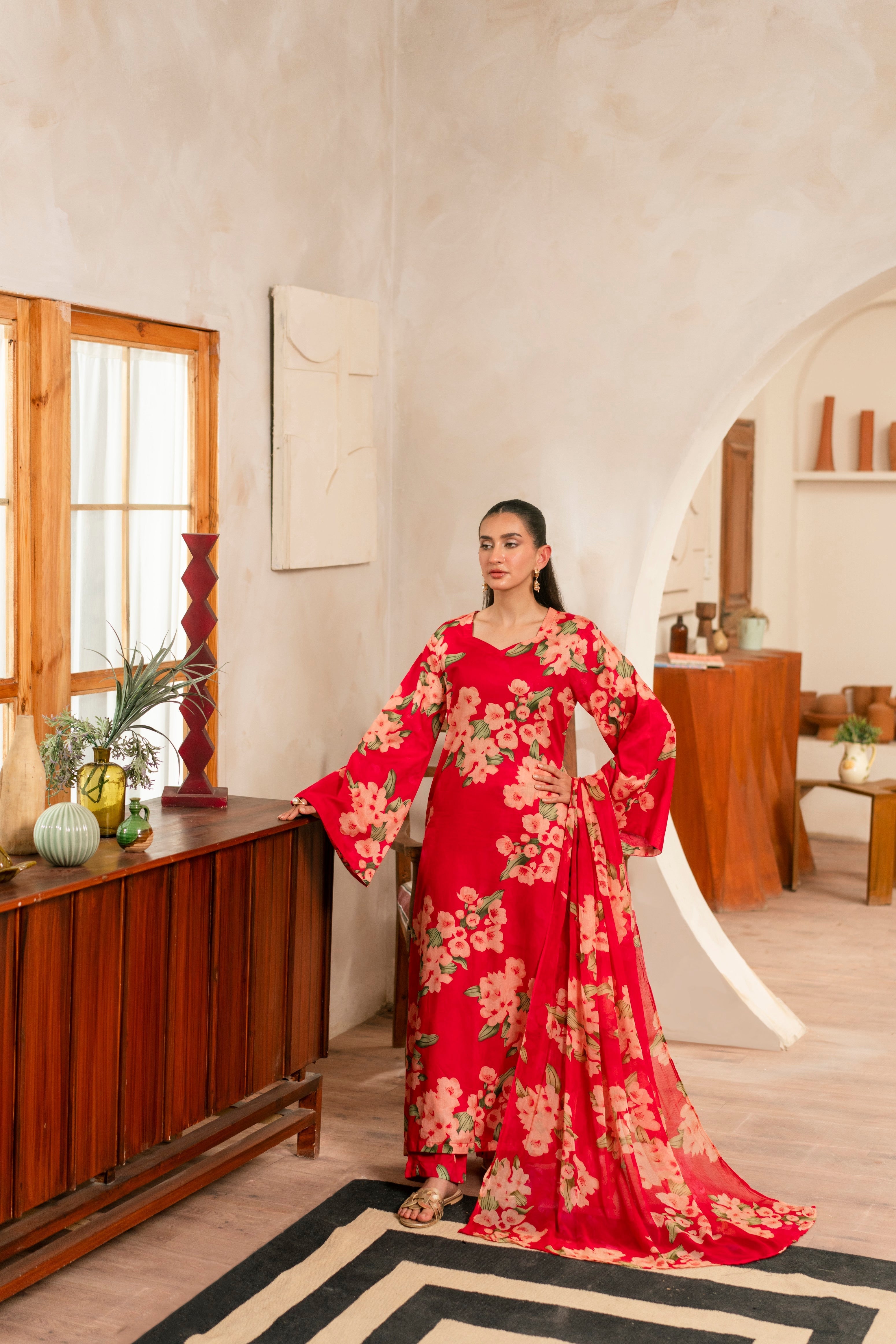 Feathers Unstitched 3 Piece Digital Printed Lawn Summer Suit-MERLOT-FT466