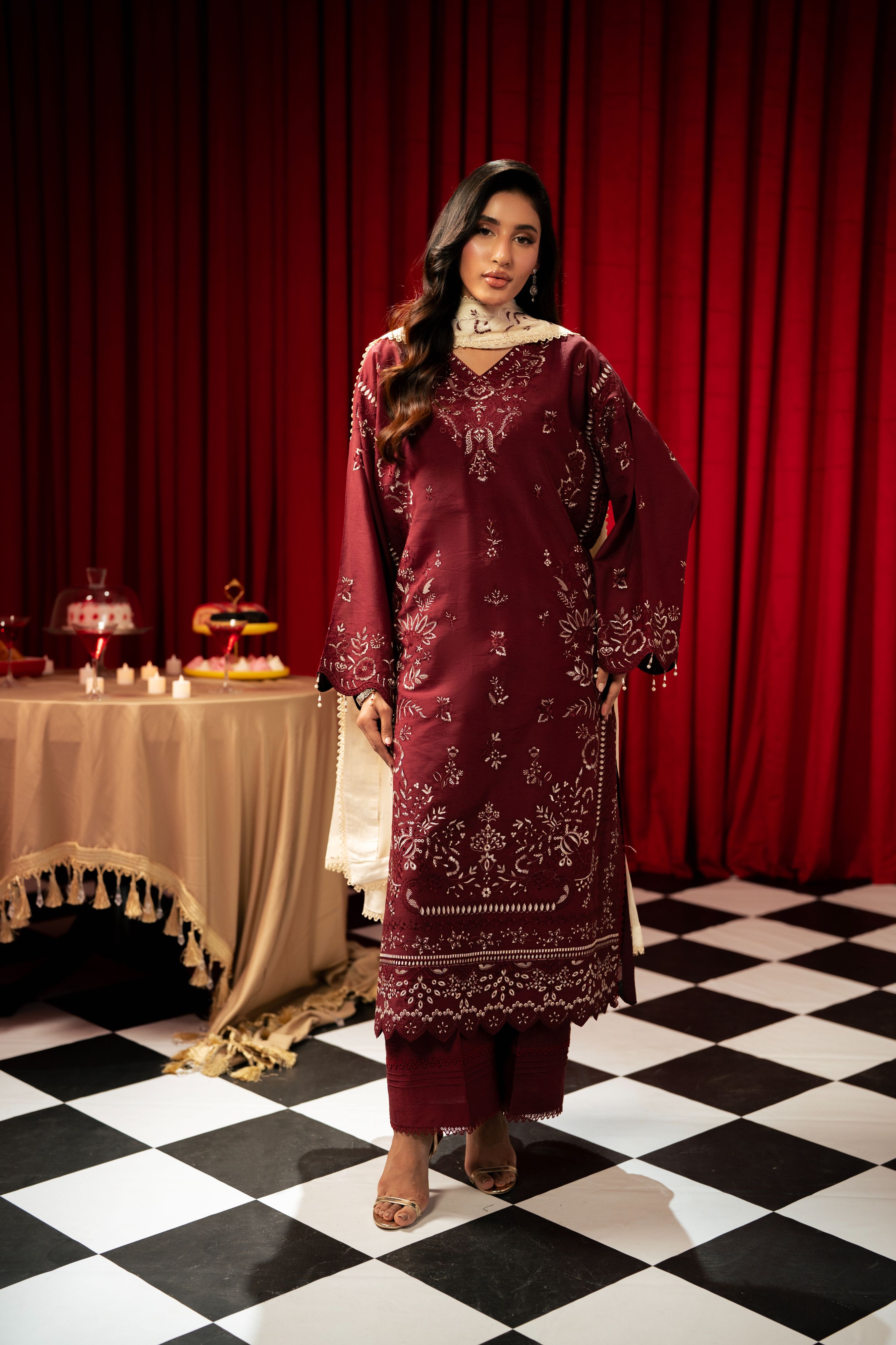 Freesia By Zouj 3 Piece Festive Edit-Royal Burgundy