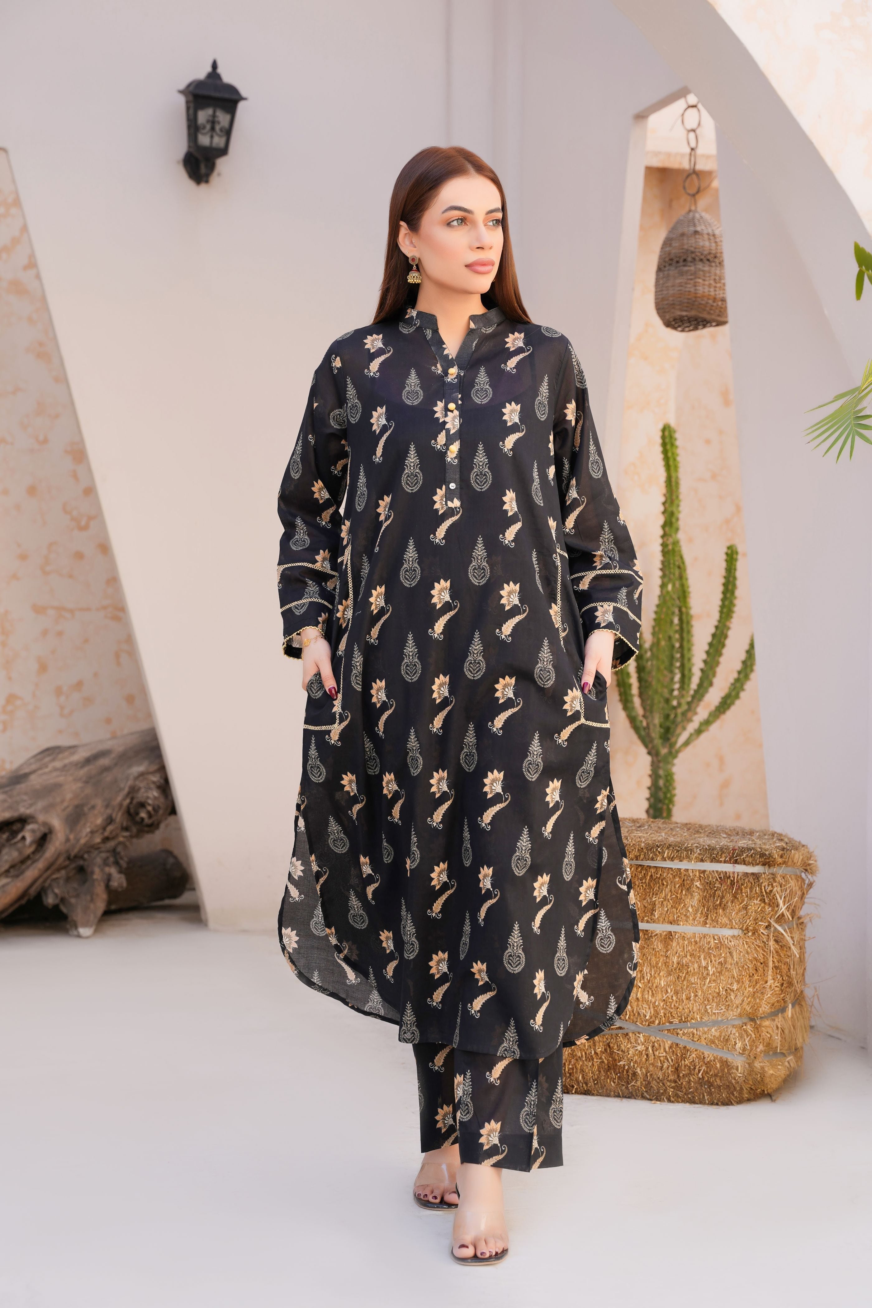 Threads & Weaves Stitched 2 Piece Lawn Suit-Elegant Black Floral Lawn Suit-RTWL25106