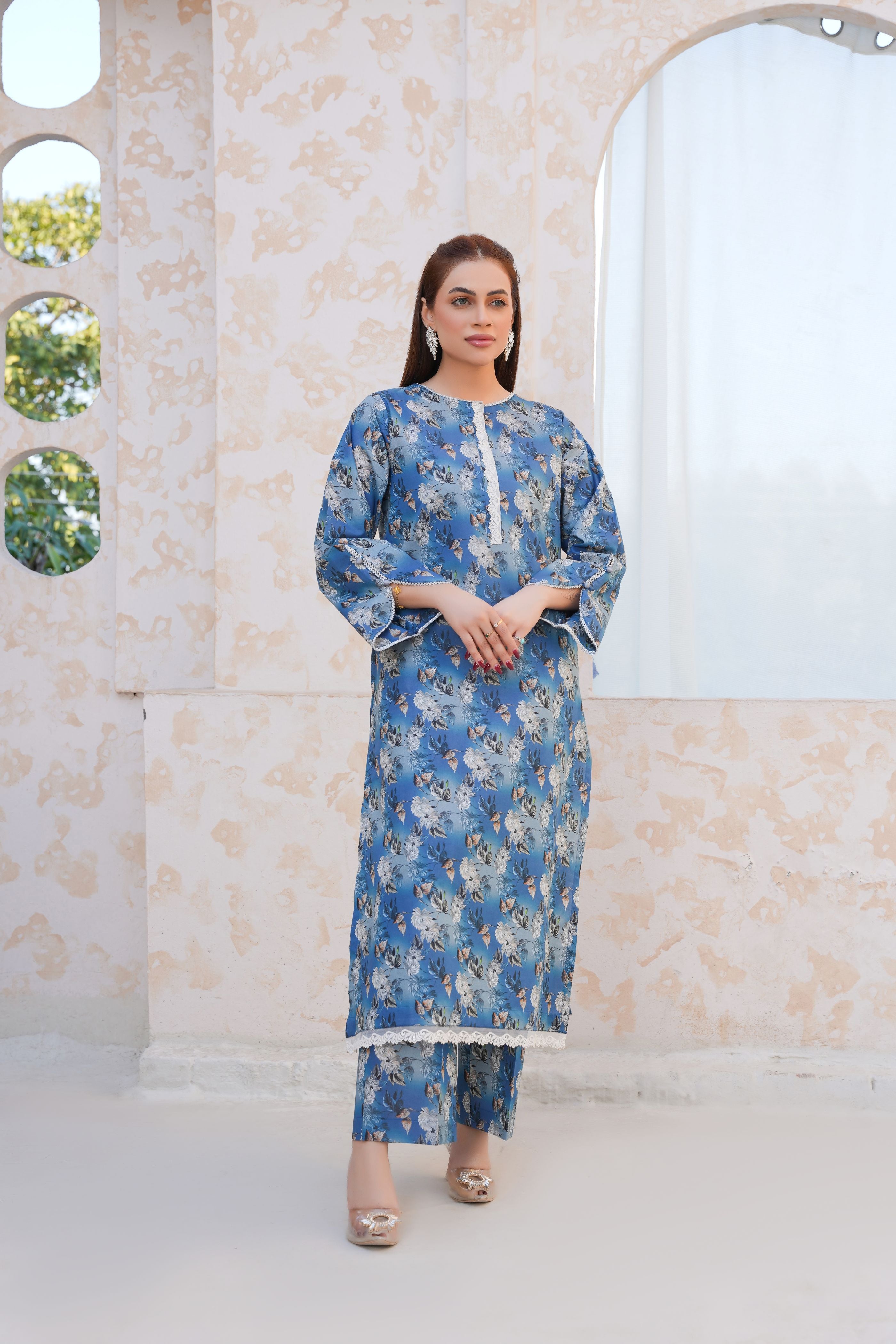 Threads & Weaves Stitched 2 Piece Lawn Suit-Serene Blue Floral Lawn Suit-RTWL25101