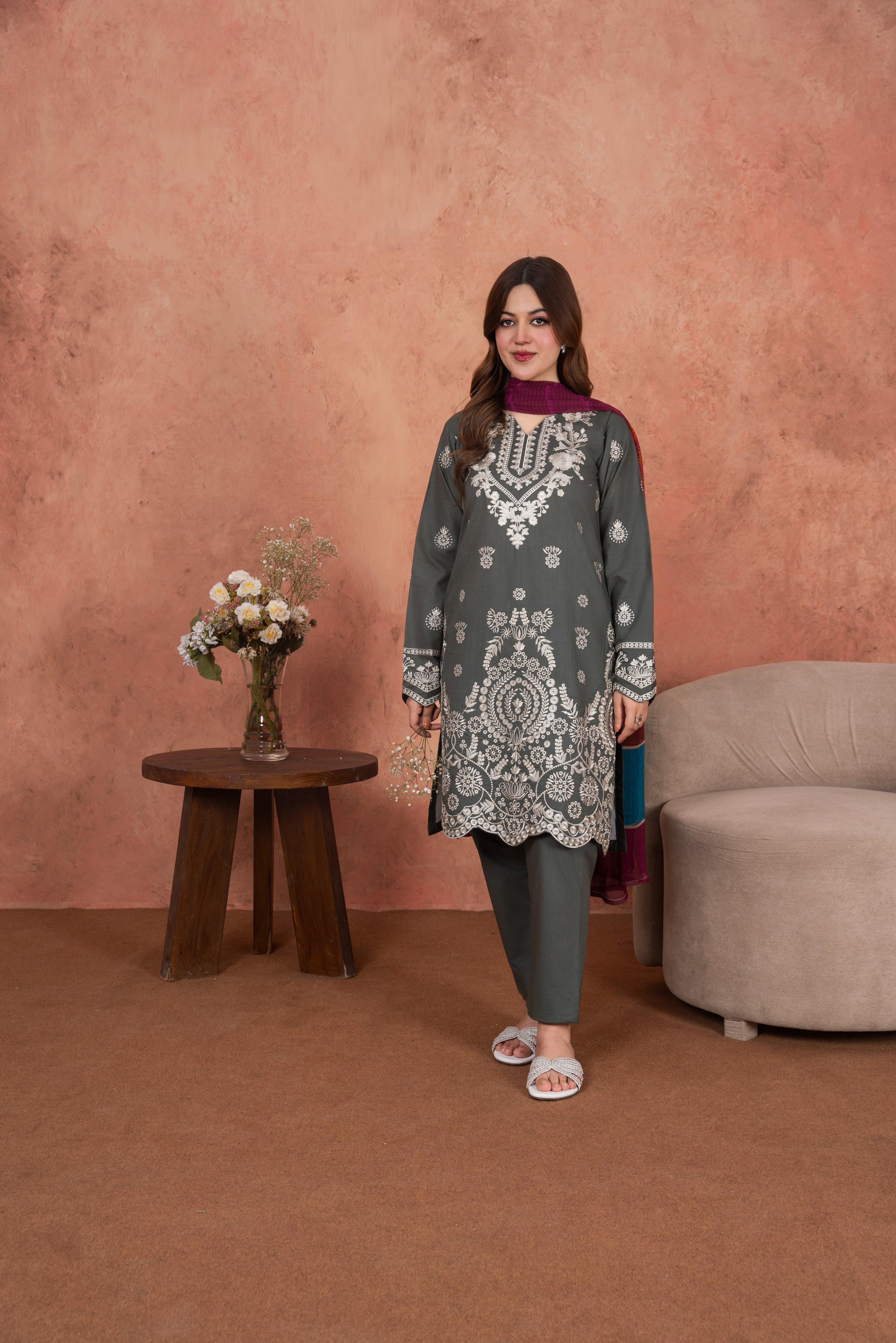 Feathers Unstitched 3 Piece Emb Lawn Summer Suit-Ashen Silver Whitework-Embroidered 3pc