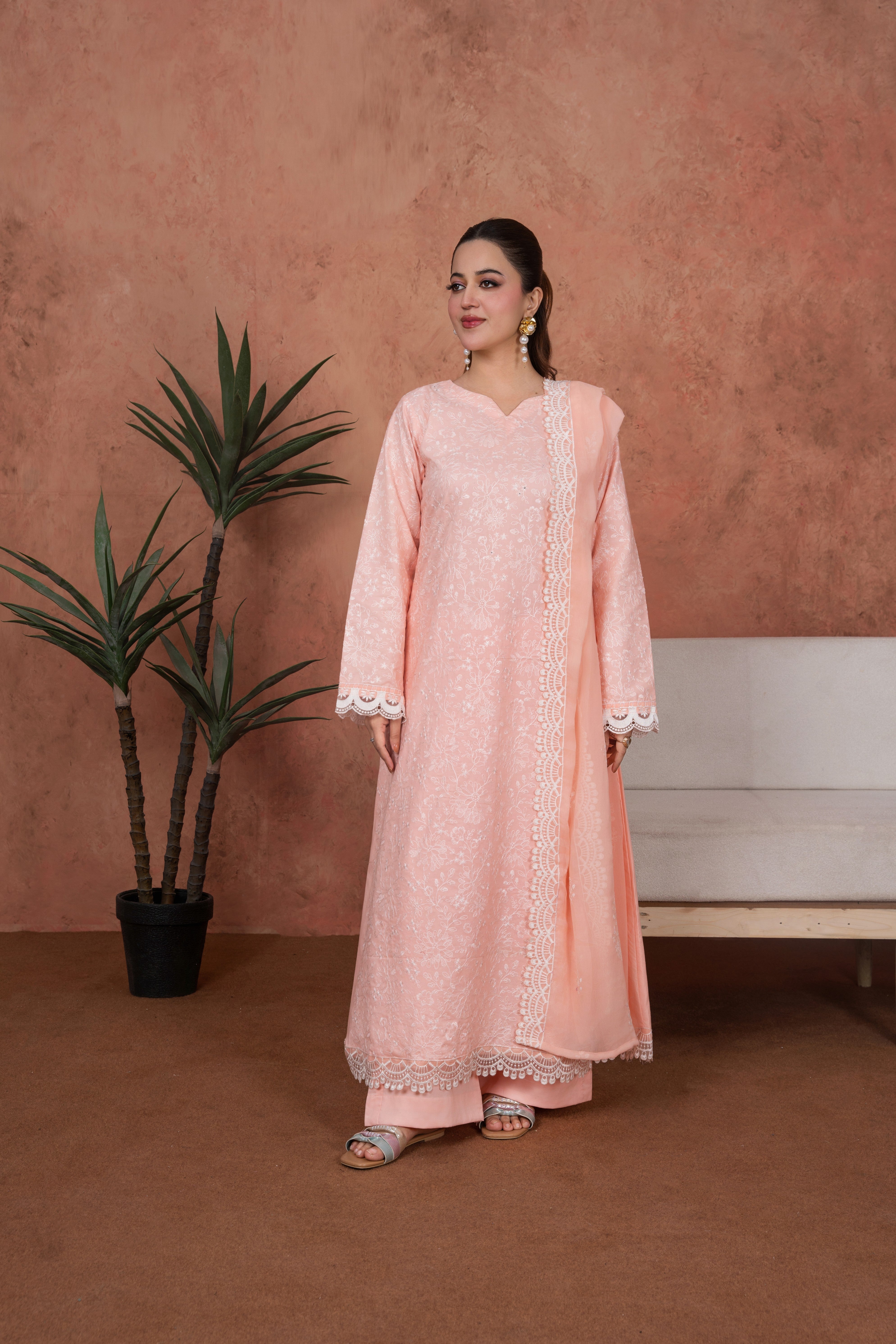 Feathers Unstitched 3 Piece Emb Lawn Summer Suit-Peach Opaline Heirloom-Embroidered 3pc