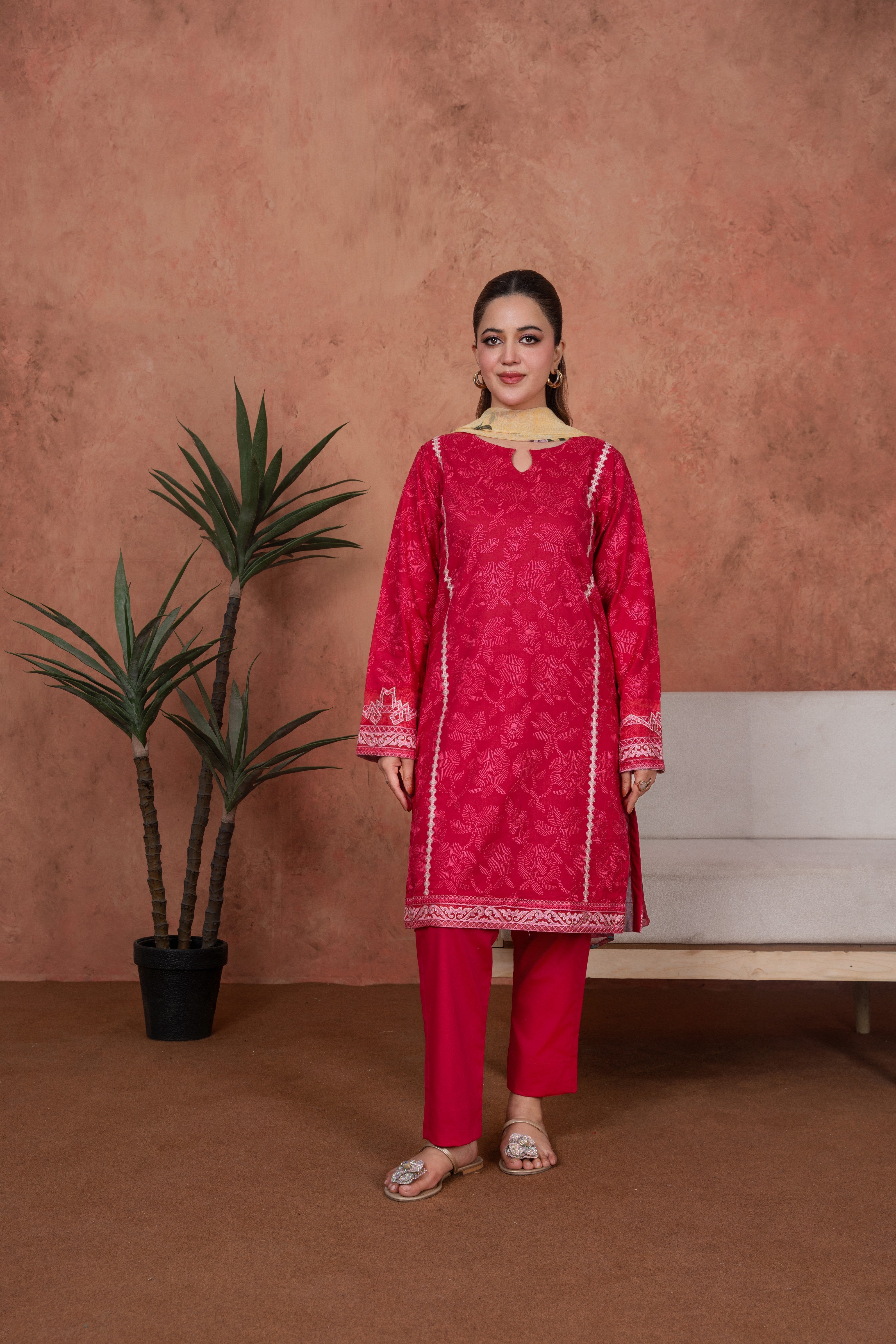 Feathers Unstitched 3 Piece Emb Lawn Summer Suit-Fuchsia Cameo Trim-Embroidered 3pc