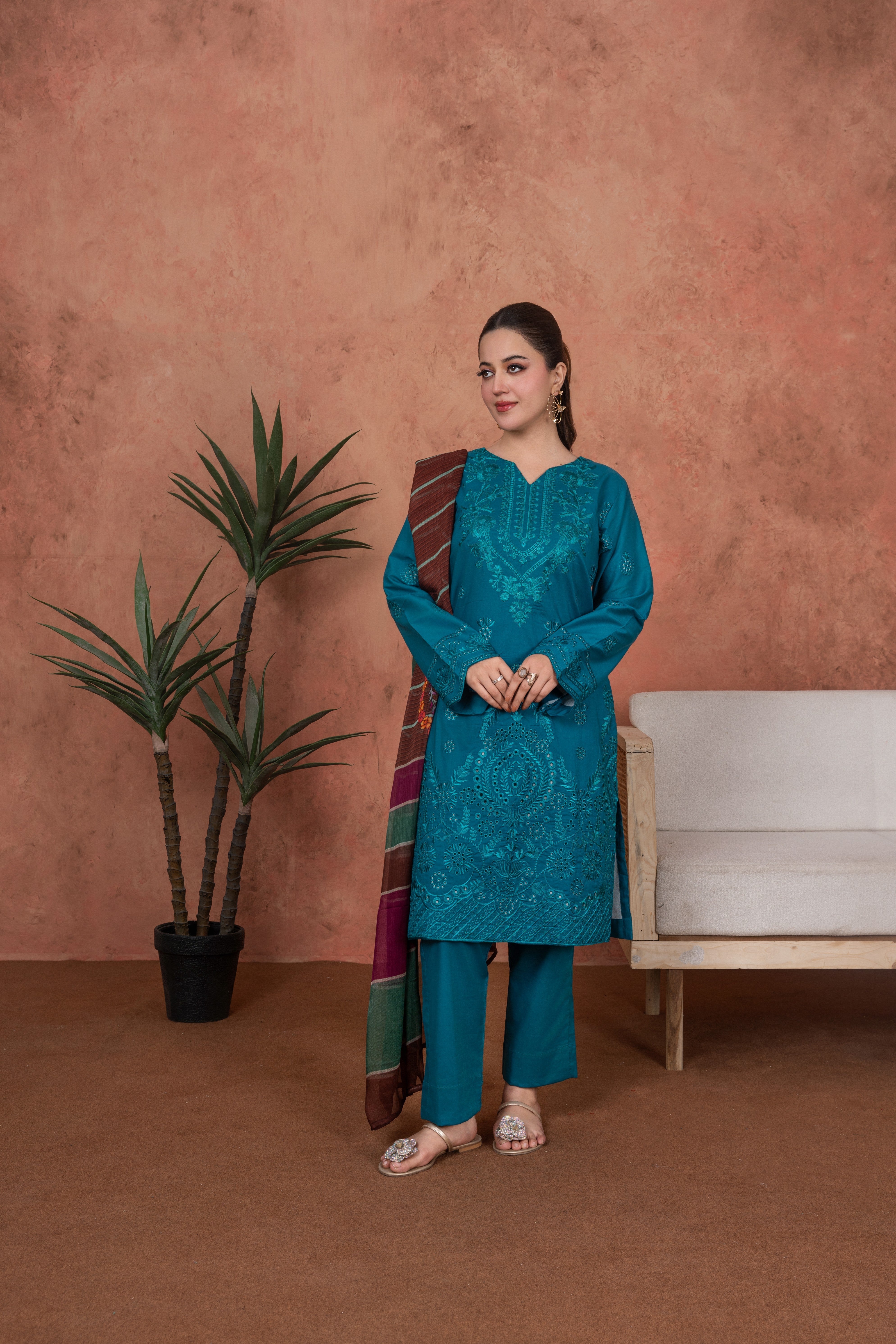 Feathers Unstitched 3 Piece Emb Lawn Summer Suit-Teal Sultanate-Embroidered 3pc