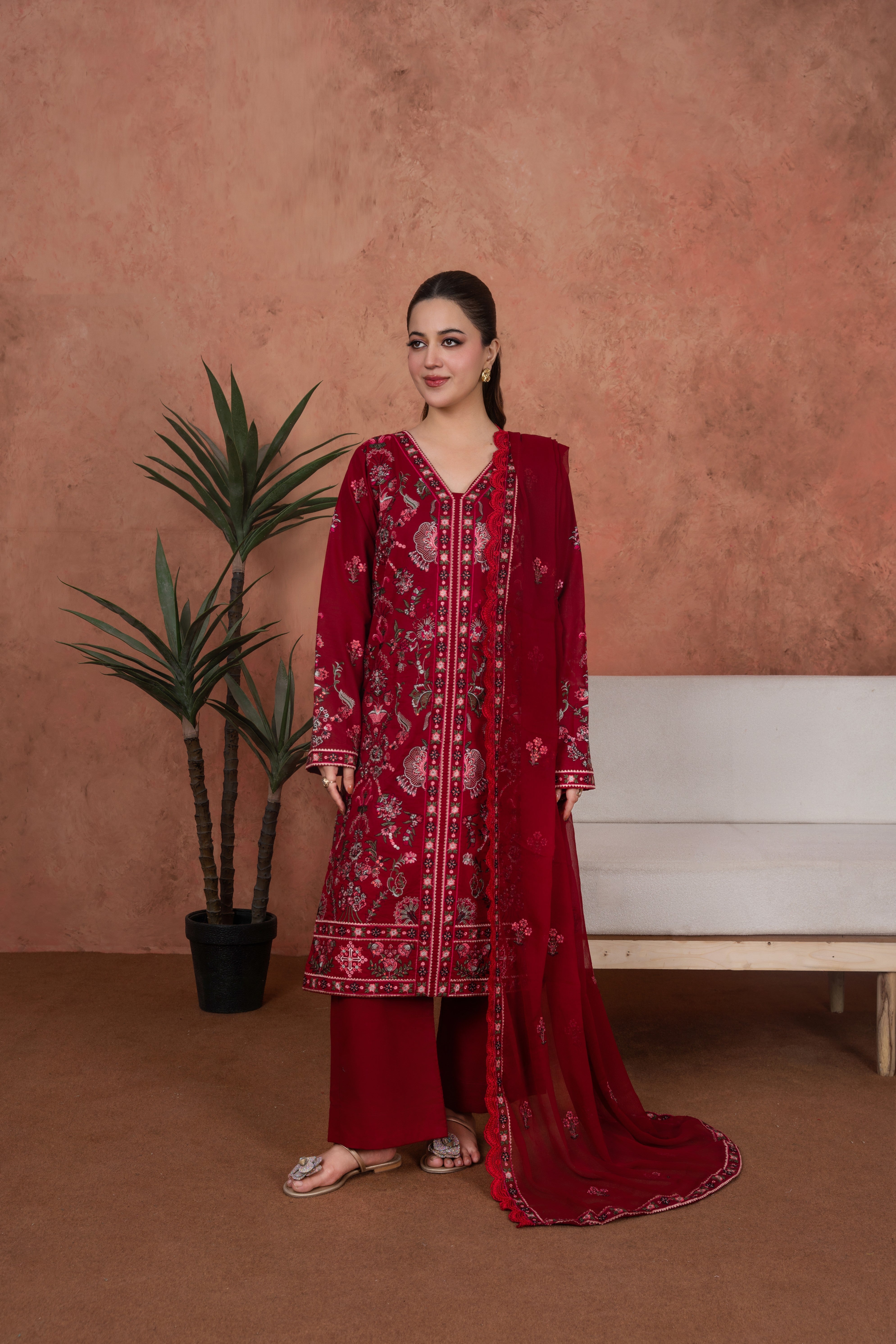 Feathers Unstitched 3 Piece Emb Lawn Summer Suit-Crimson Mehr Royale-Embroidered 3pc