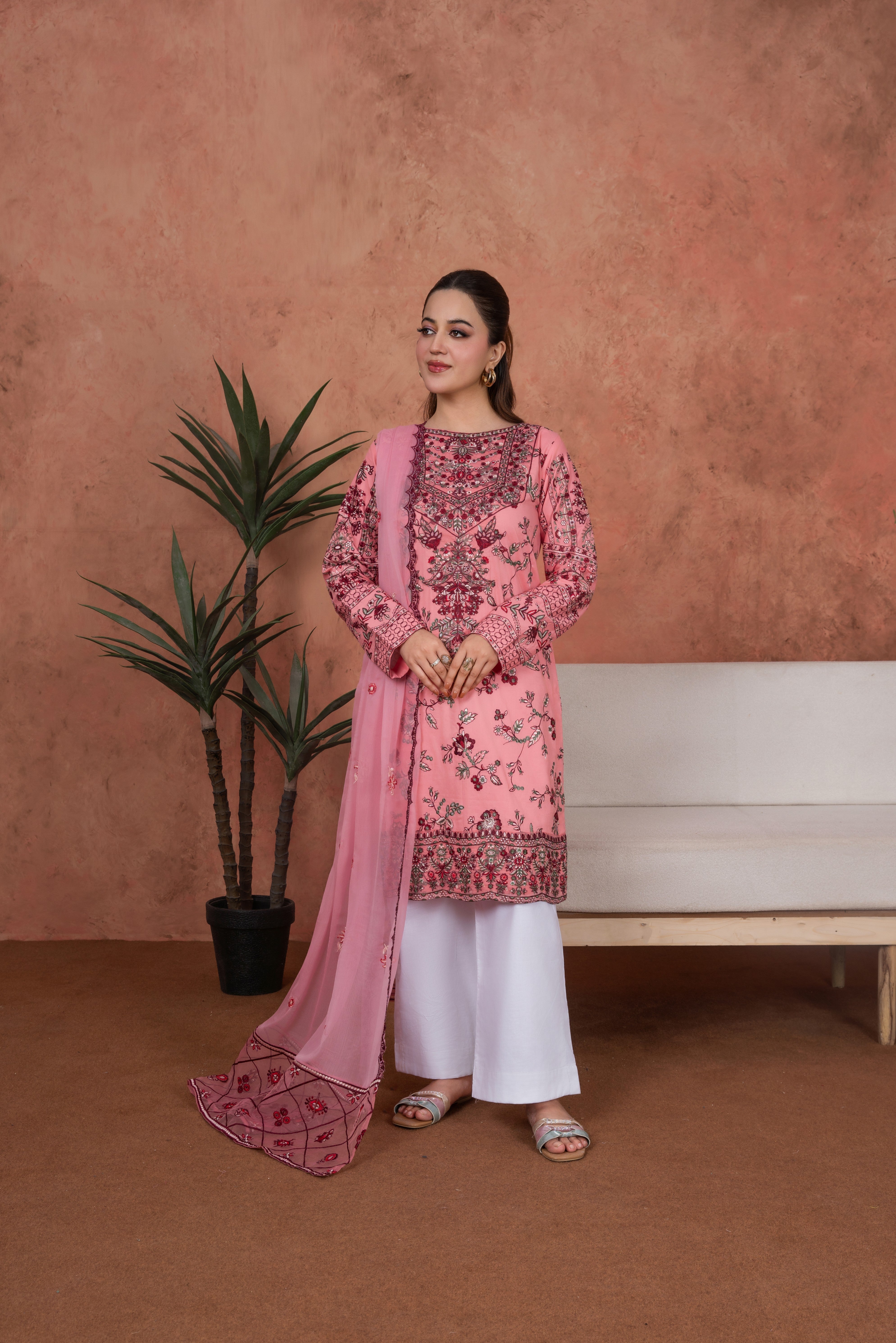 Feathers Unstitched 3 Piece Emb Lawn Summer Suit-Rosewood Heirloom-Embroidered 3pc