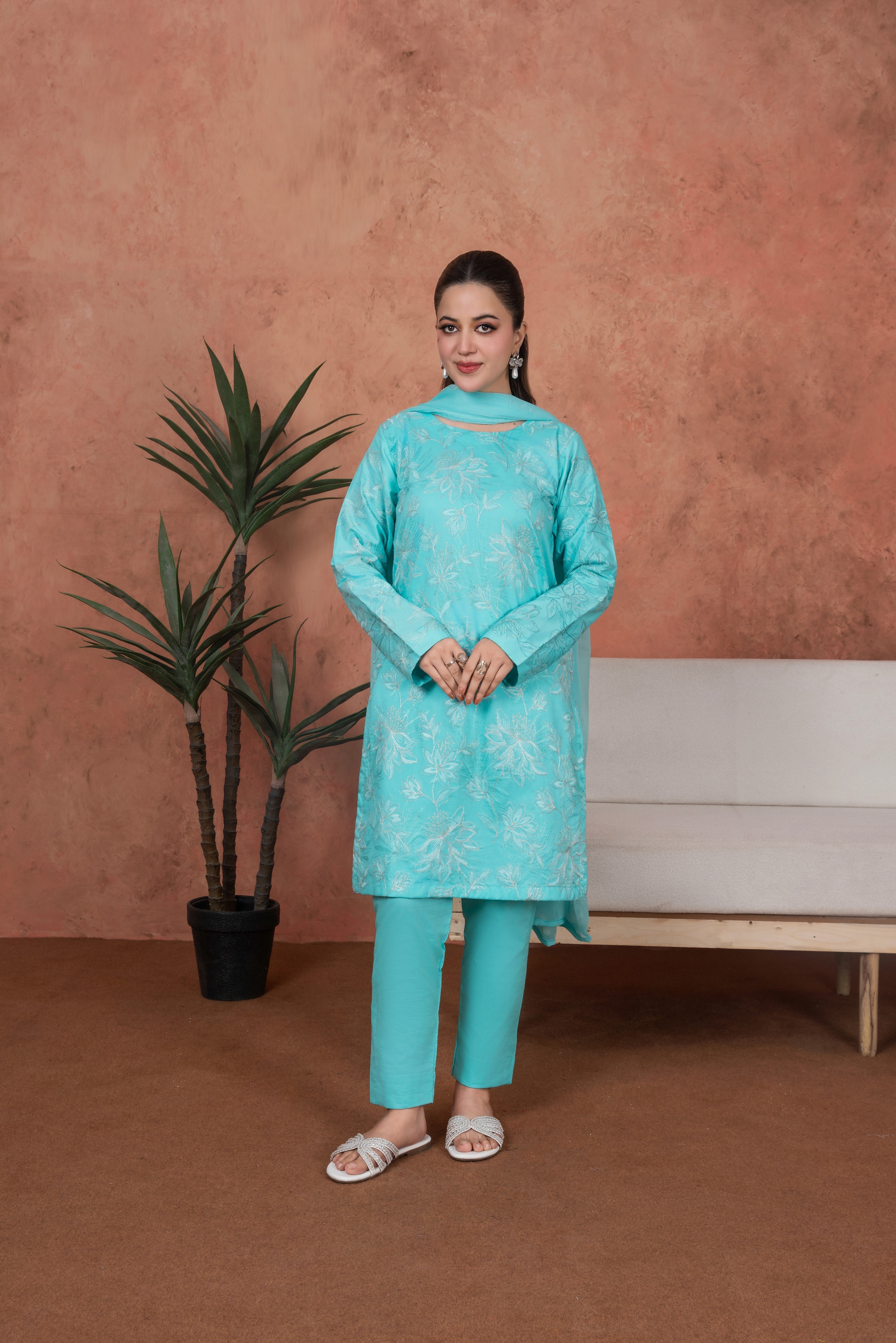 Feathers Unstitched 3 Piece Emb Lawn Summer Suit-Aqua Lumière-Embroidered 3pc