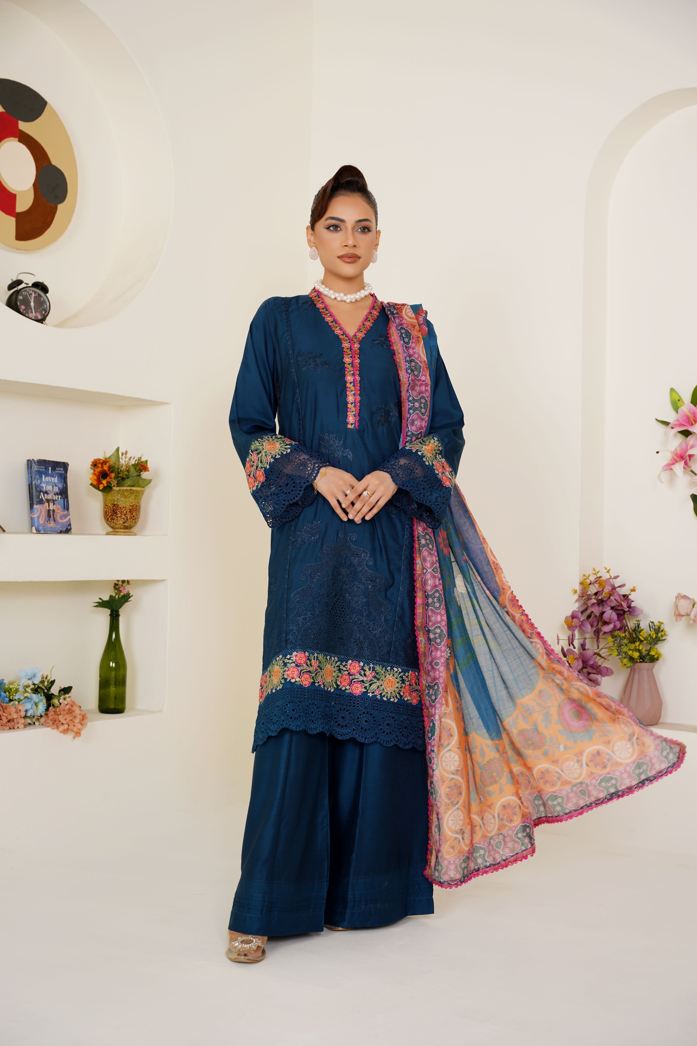 Threads & Weaves Zinc Embroidered Viscose 3-Piece Pret Suit with Multicolor Dupatta