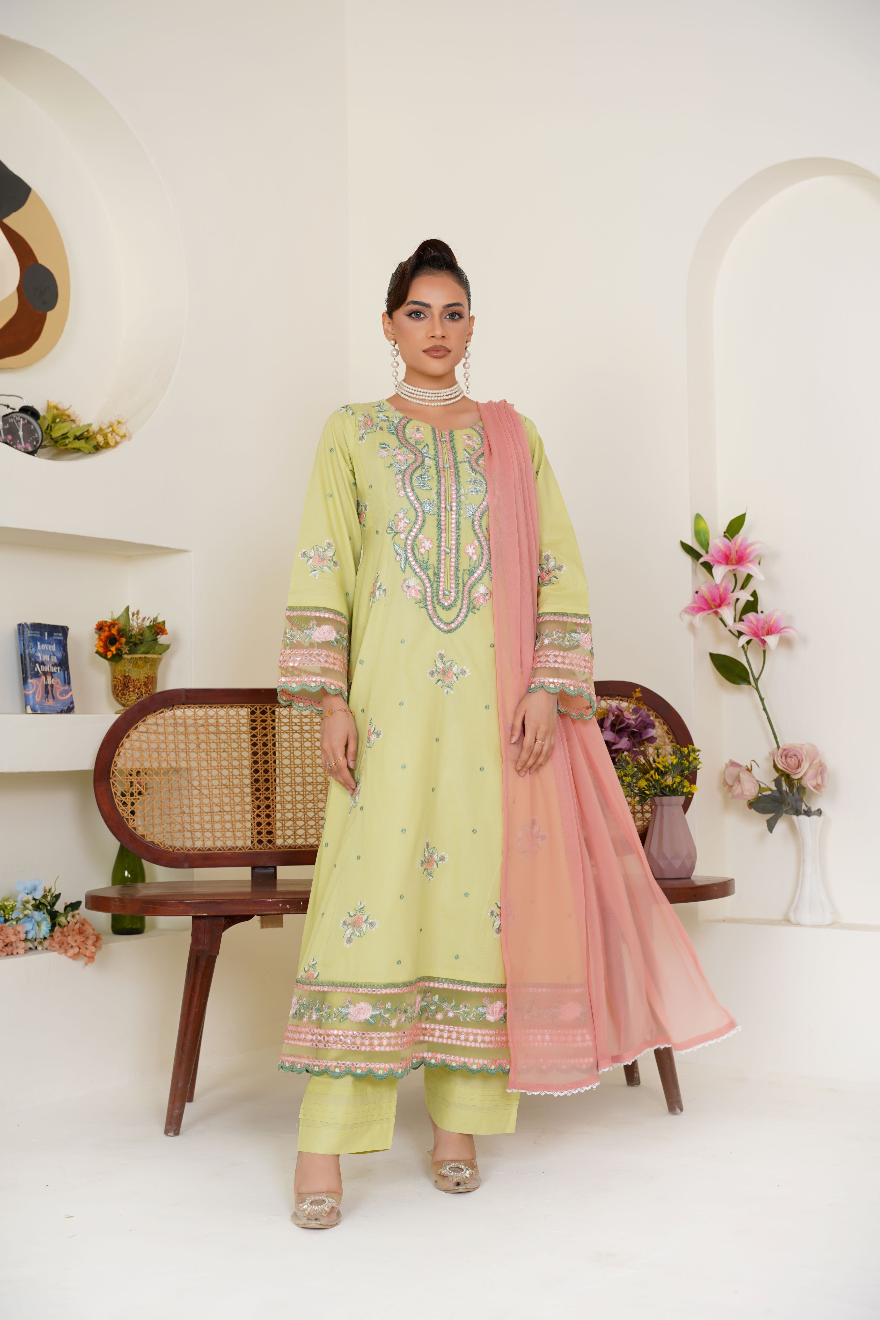Threads & Weaves Embroidered Lime Green 3-Piece Ready-to-Wear Lawn Suit with Peach Dupatta