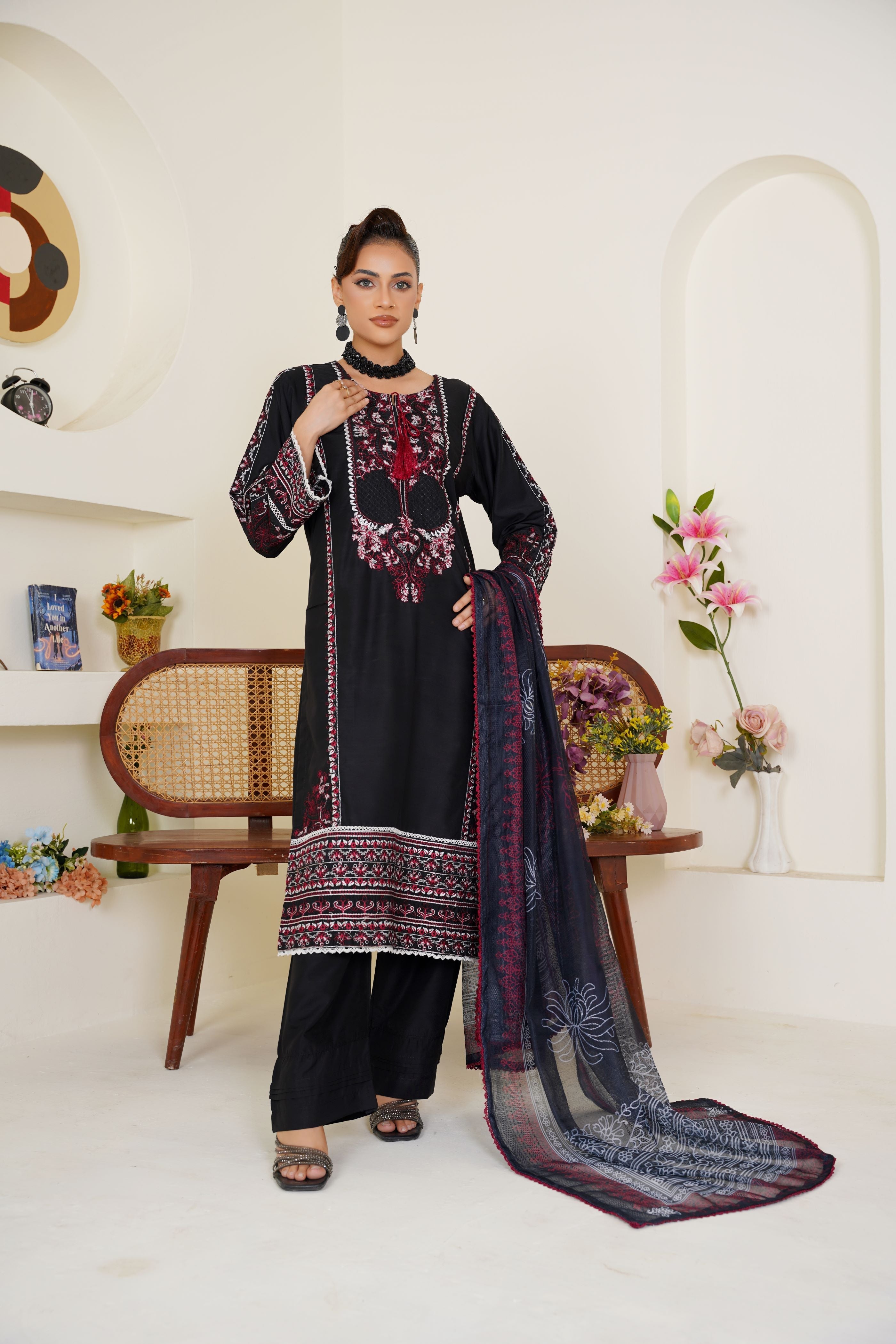 Threads & Weaves Black & Maroon Embroidered Lawn 3-Piece Pret Suit
