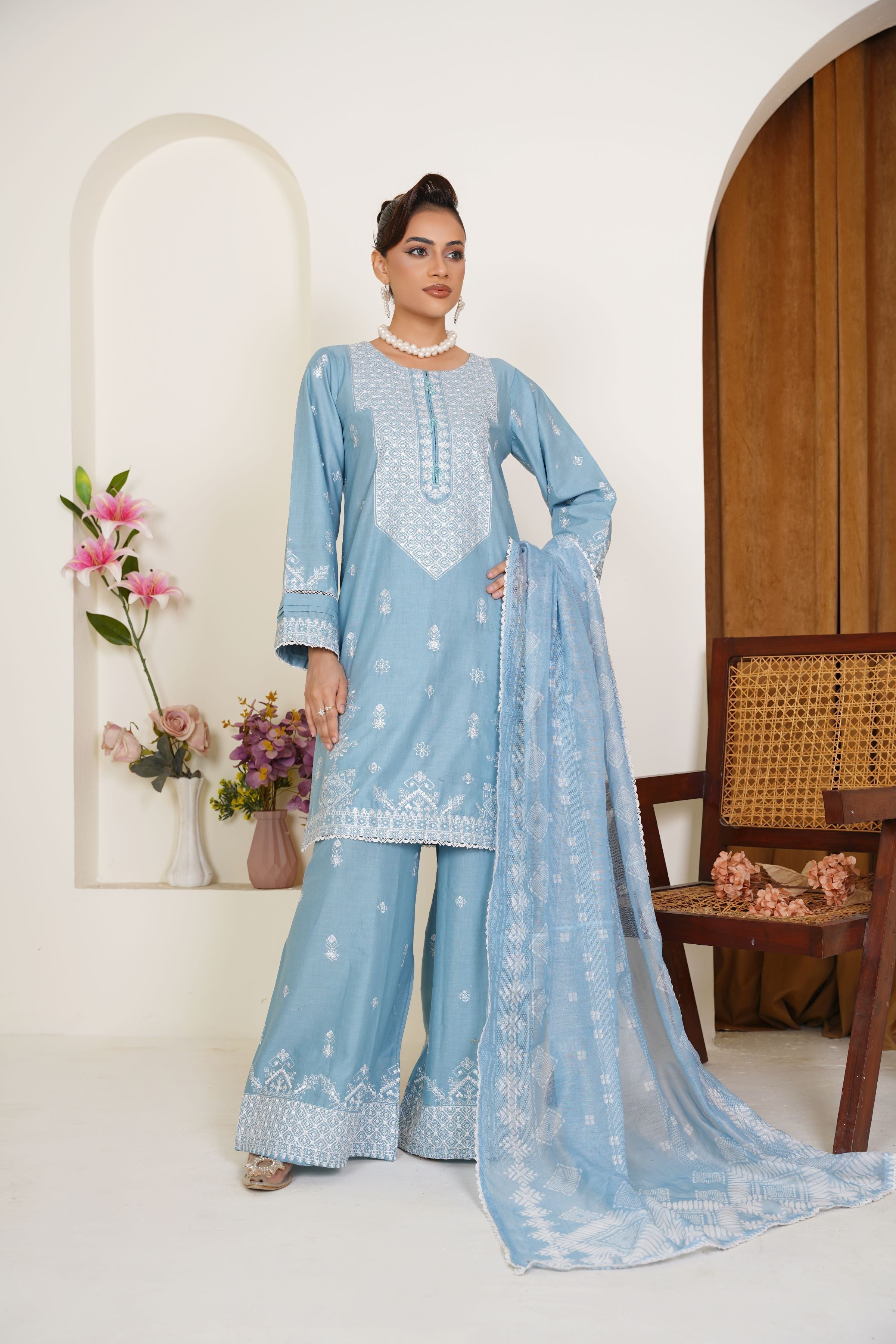Threads & Weaves Powder Blue Embroidered Lawn 3-Piece Pret Suit