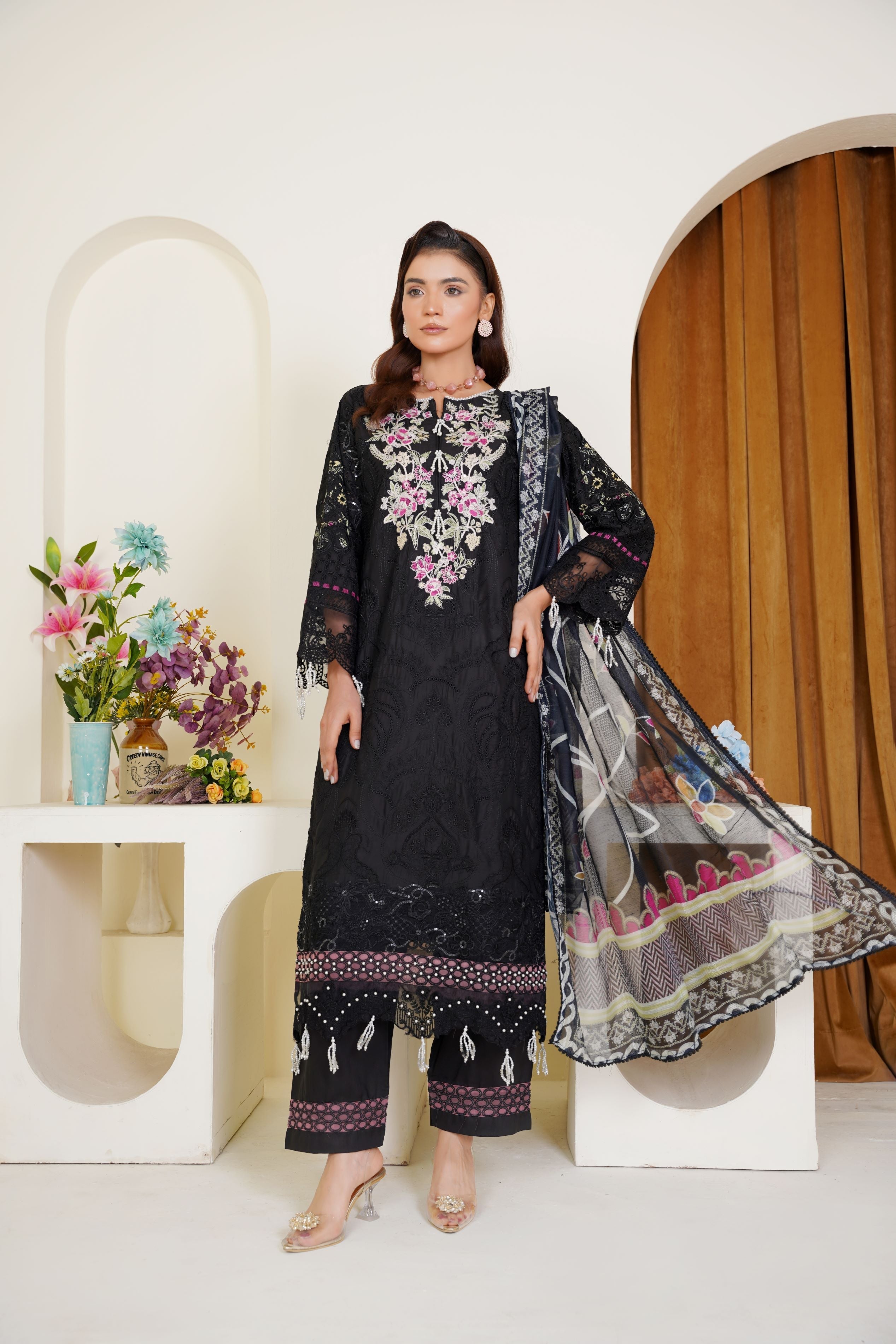 Threads & Weaves Black Embroidered 3-Piece Ready-to-Wear Viscose Suit