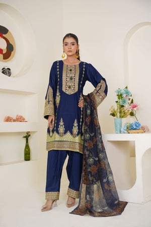 Threads & Weaves Royal Blue Embroidered Lawn 3-Piece Pret Suit