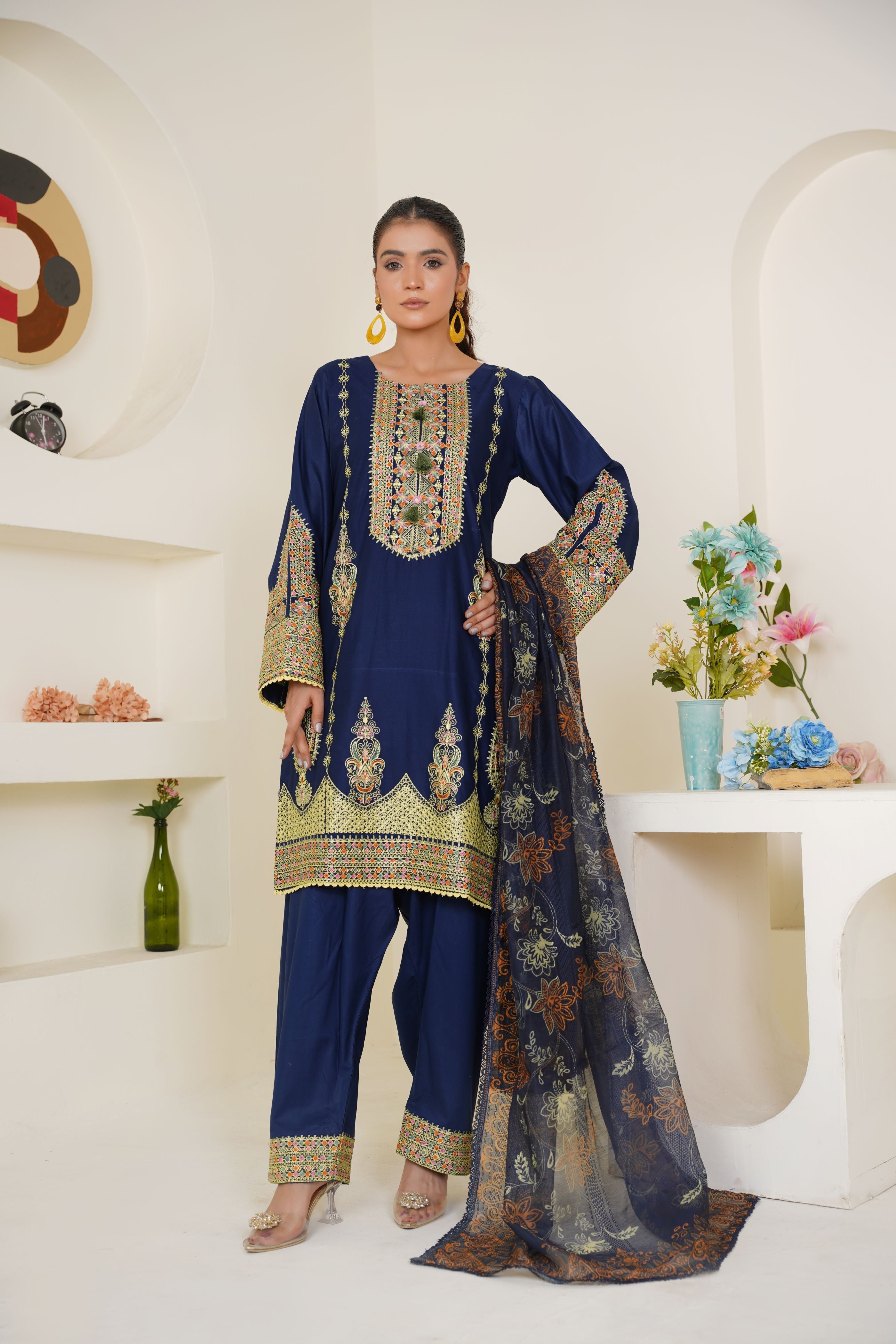 Threads & Weaves Royal Blue Embroidered Lawn 3-Piece Pret Suit