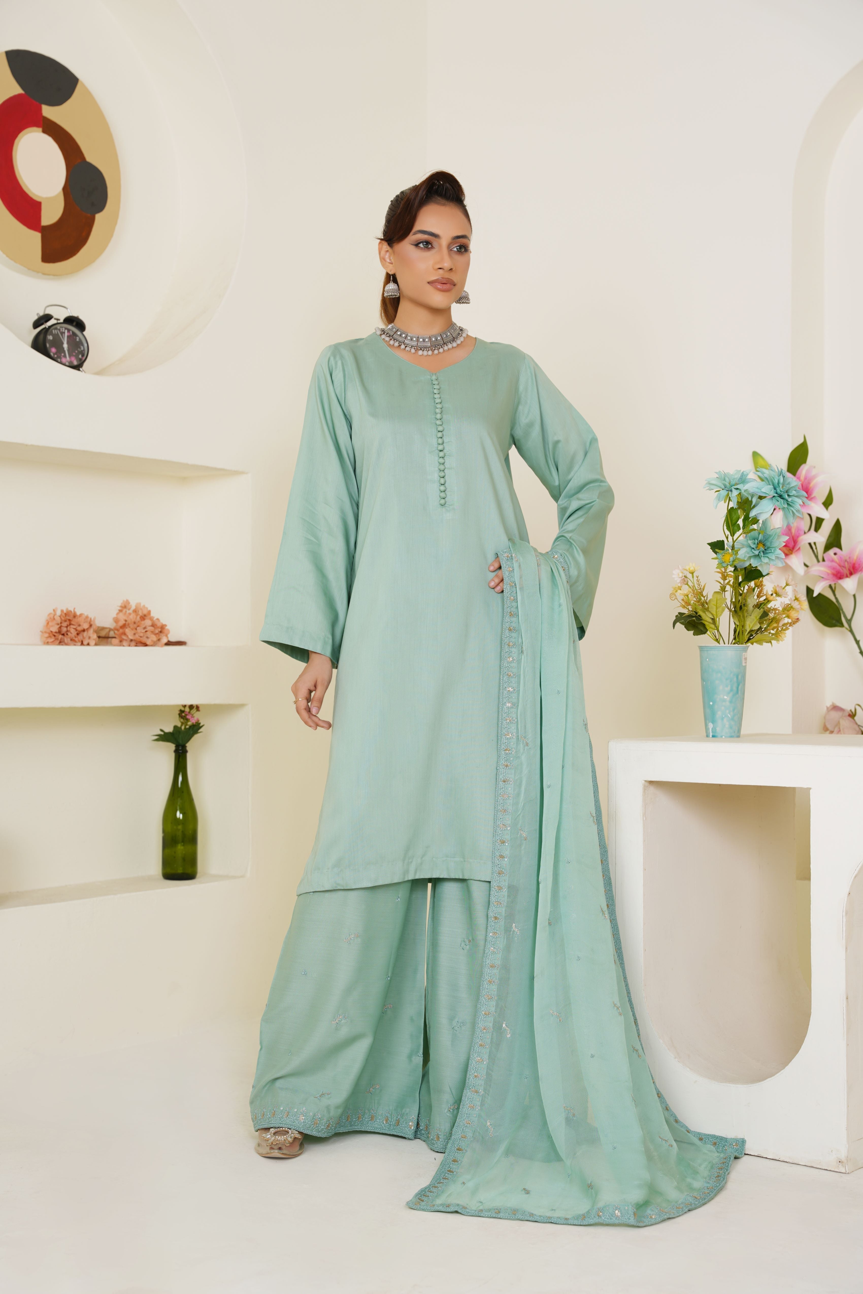 Threads & Weaves Pastel Sea Green Solid 3-Piece Ready-to-Wear Suit with Embroidered Dupatta & Trouser