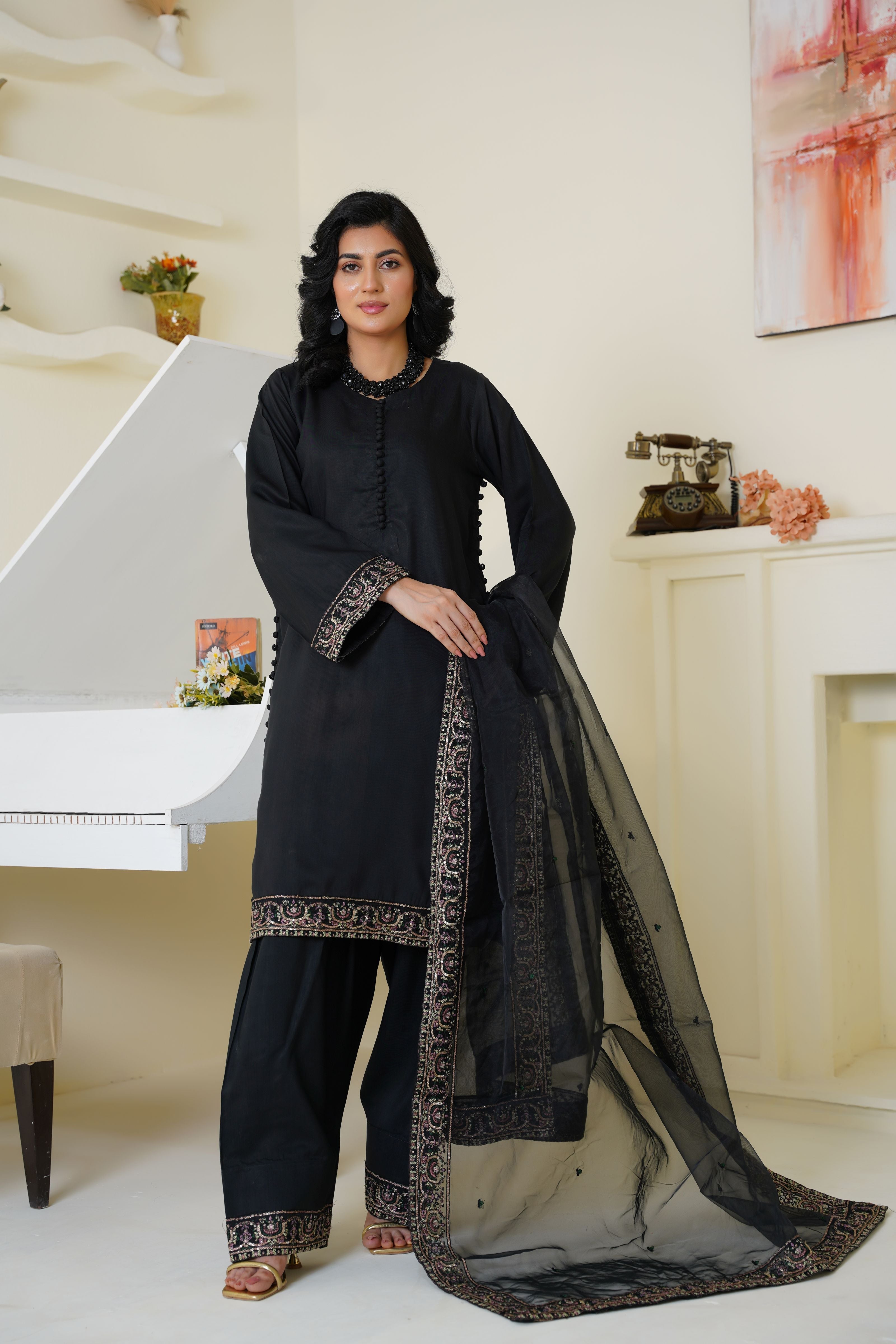 Threads & Weaves Classic Black Embroidered Viscose 3-Piece Suit
