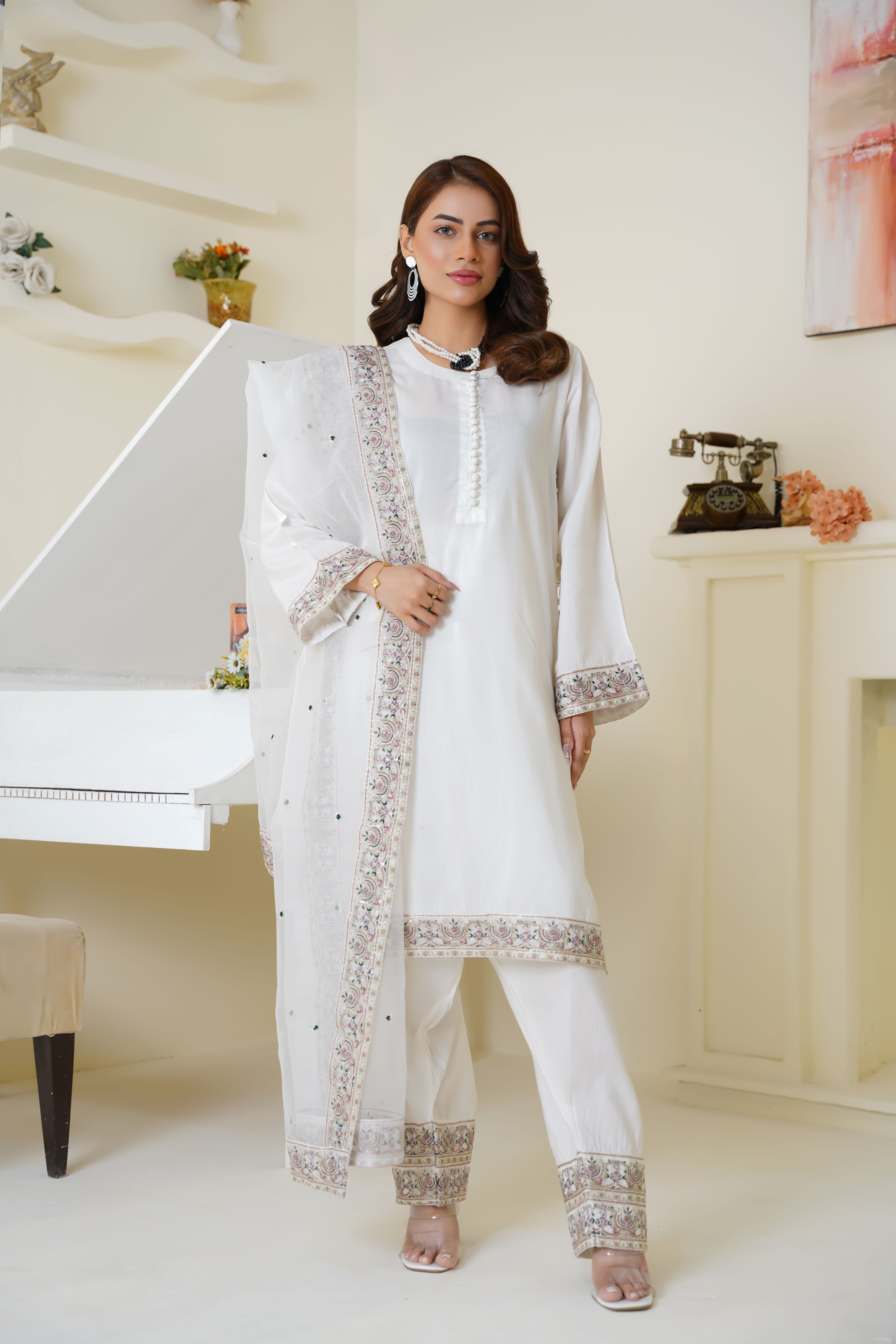 Threads & Weaves Ivory White Embroidered Viscose 3-Piece Suit