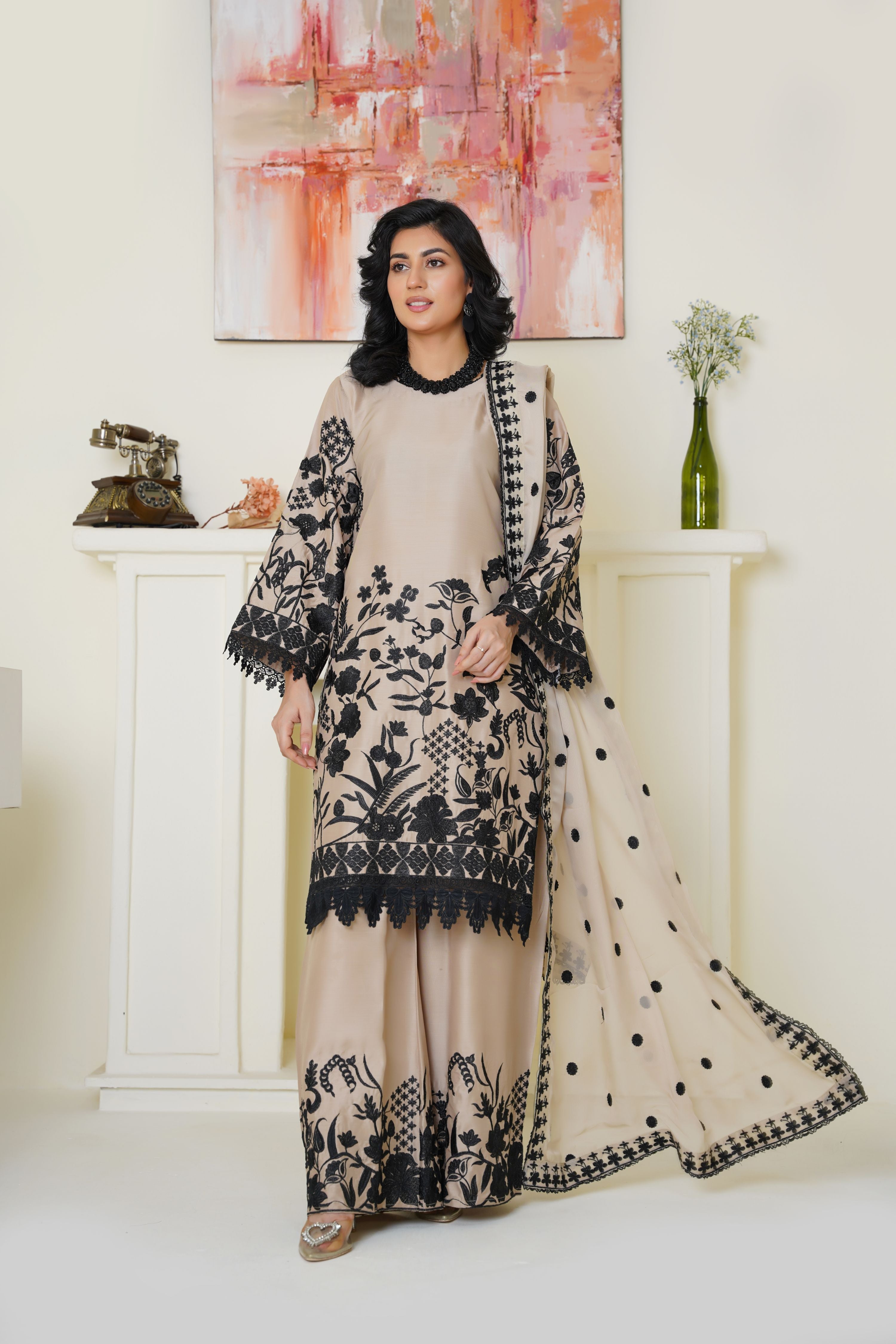 Threads & Weaves Chic Beige & Black Embroidered Viscose 3-Piece Suit