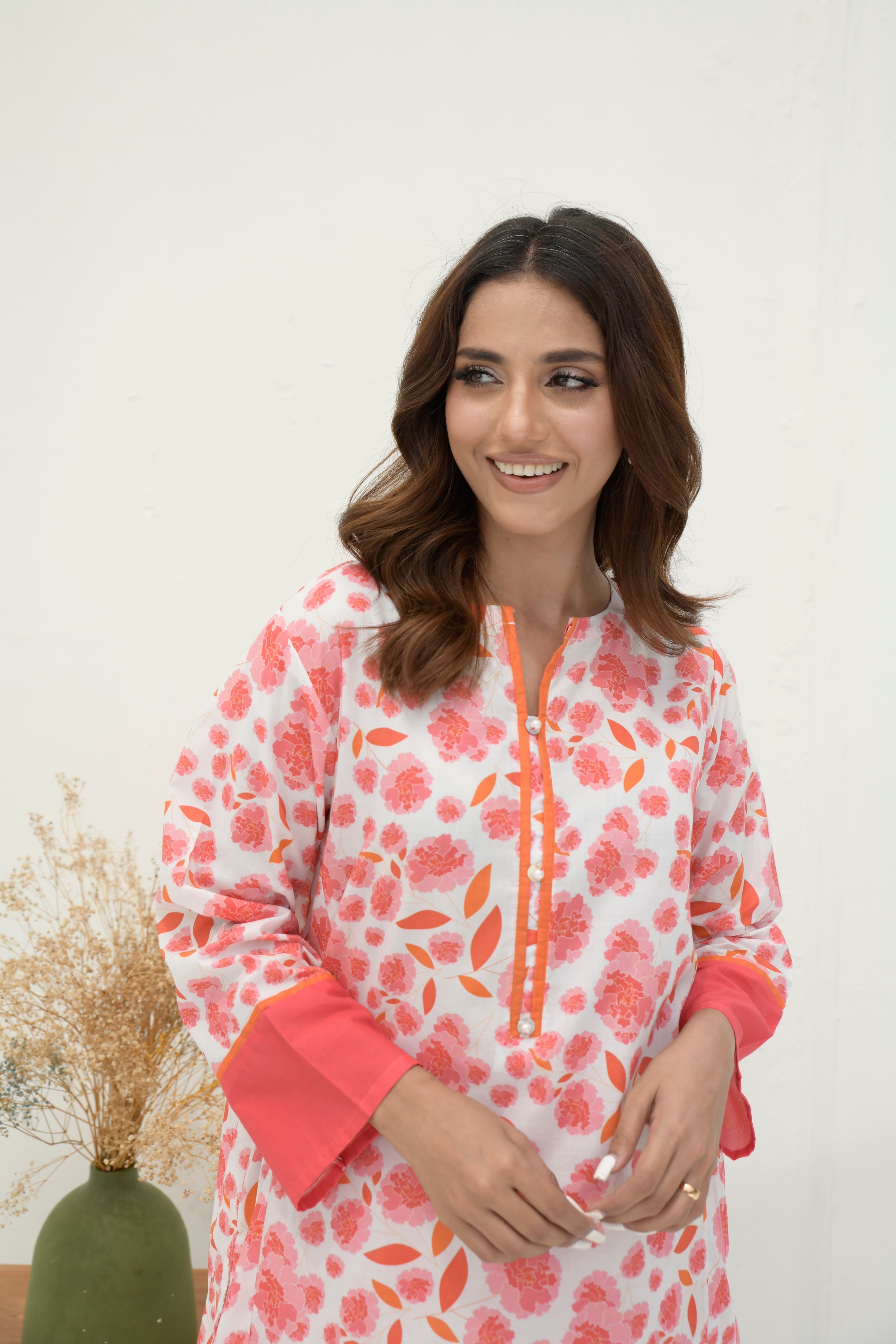 Preet Print Edit By Suitsu Stitched Summer Suit-Syrah Peach Peony