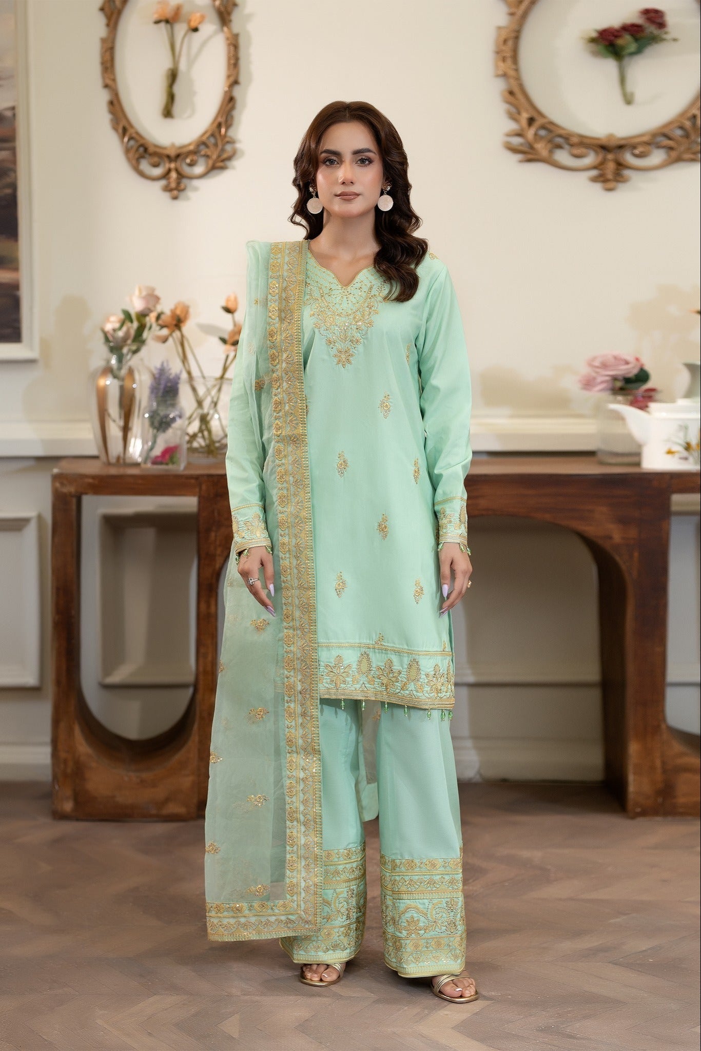 Summer Scent By Nine Needles Stitched 3 Piece Summer Suit-Dewdrop Green-NP-13