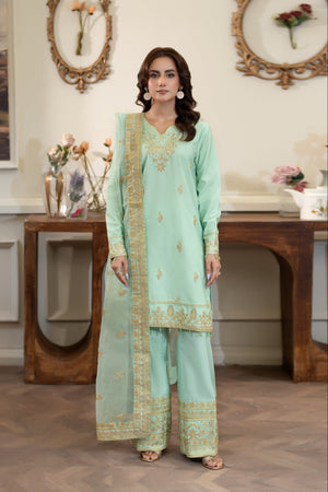 Summer Scent By Nine Needles Stitched 3 Piece Summer Collection'2025-Dewdrop Green-NP-13