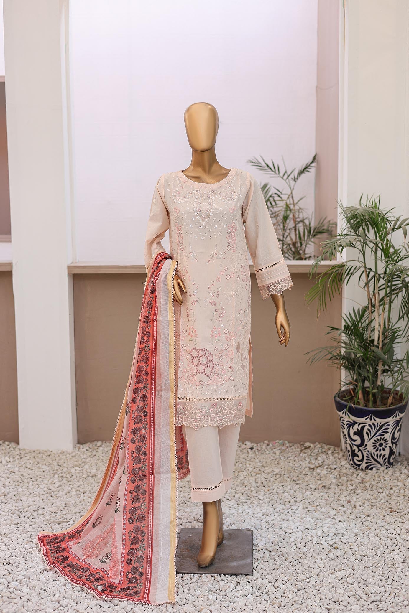 Oswah By Suntex Stitched 3 Piece Dyed Emb Soft Cotton Suit-OS-2504