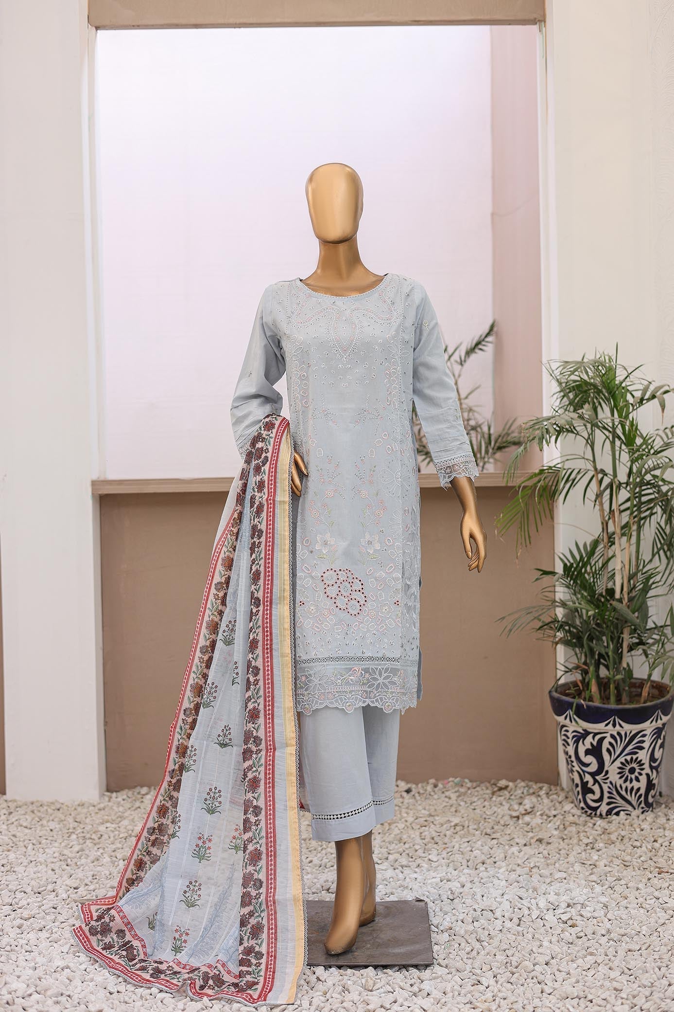 Oswah By Suntex Stitched 3 Piece Dyed Emb Soft Cotton Suit-OS-2503